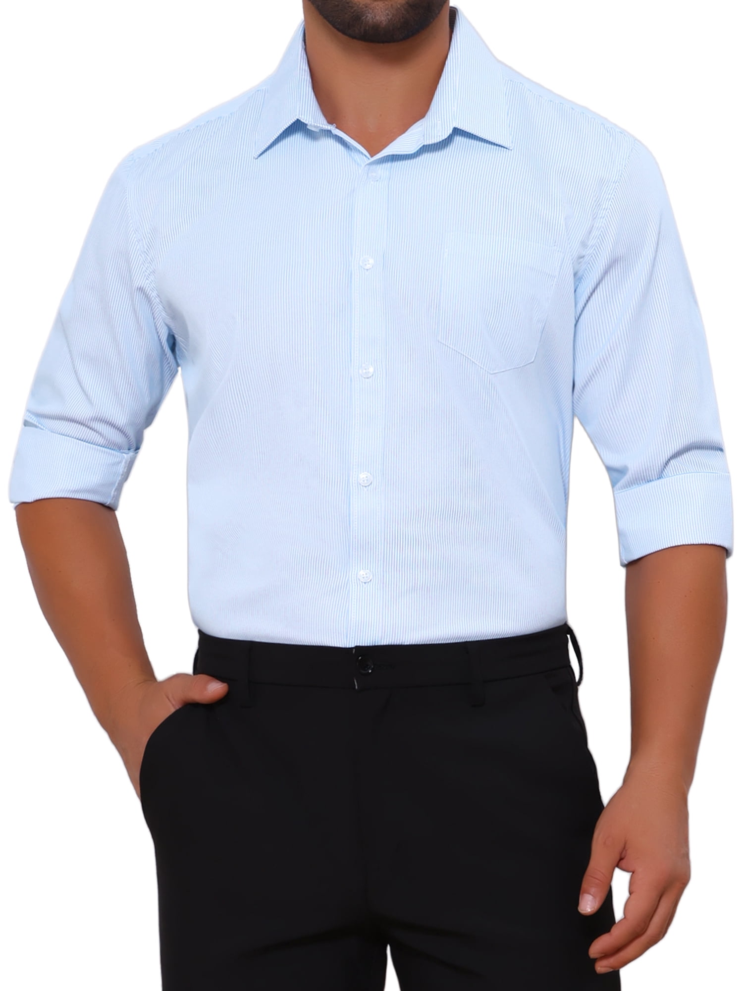 DARING DIVA Men's Long Sleeve Business Button Down Striped Dress Shirts M White Blue