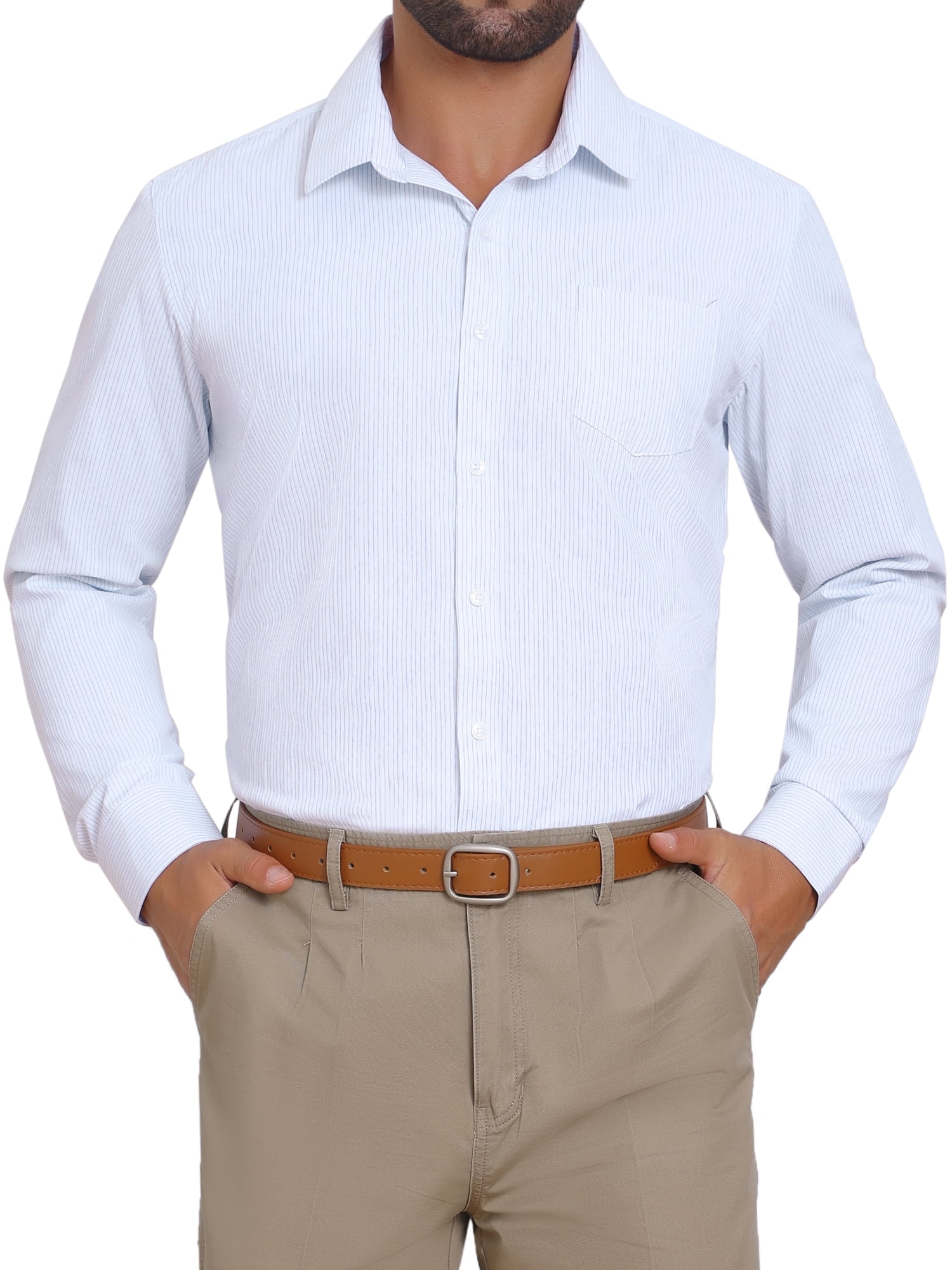 DARING DIVA Men's Long Sleeve Business Button Down Striped Dress Shirts S White