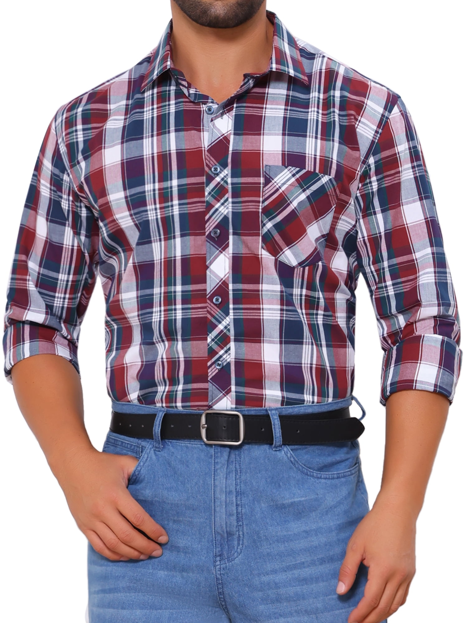 DARING DIVA Men's Long Sleeve Checked Shirt Point Collar Button Plaid Shirt M Red Navy