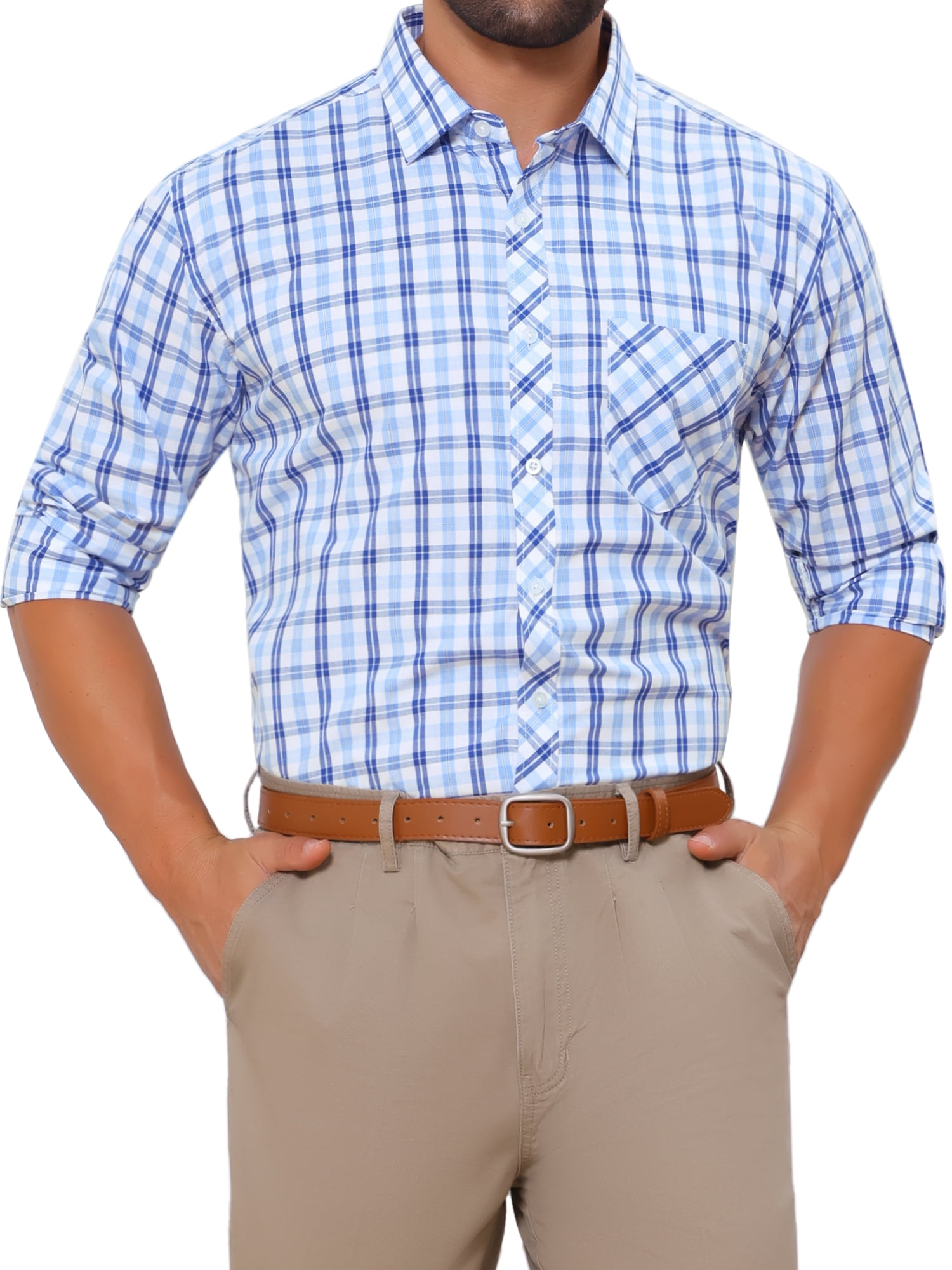 DARING DIVA Men's Long Sleeve Checked Shirt Point Collar Button Plaid Shirt M White Blue