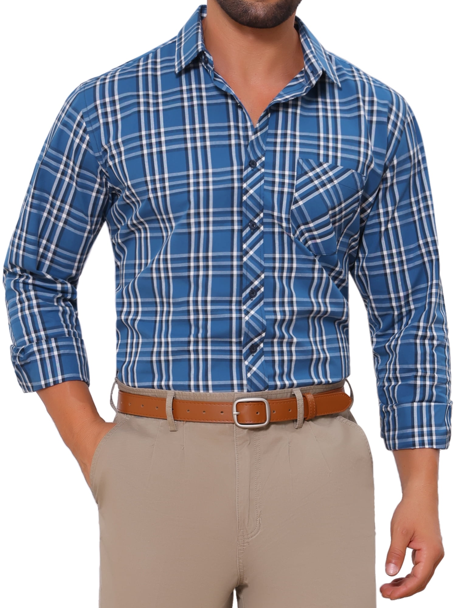 DARING DIVA Men's Long Sleeve Checked Shirt Point Collar Button Plaid Shirt S Dark Blue
