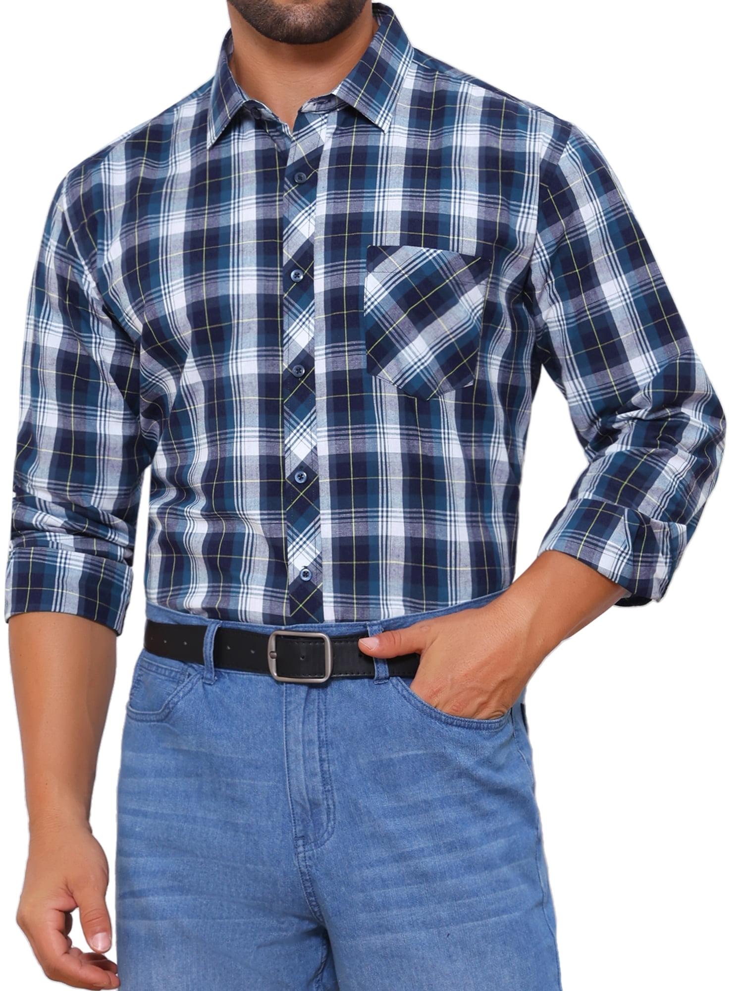 DARING DIVA Men's Long Sleeve Checked Shirt Point Collar Button Plaid Shirt S Navy Black