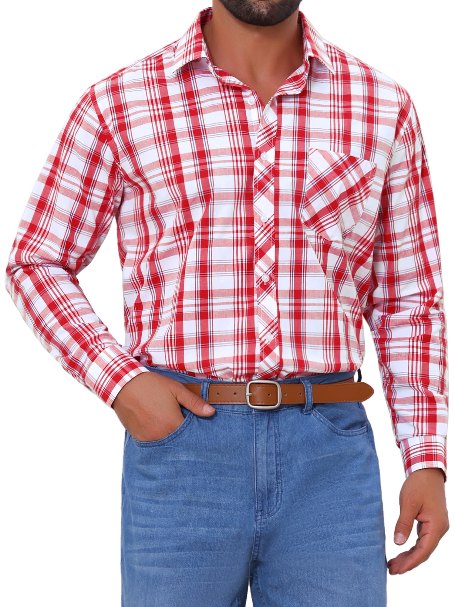 DARING DIVA Men's Long Sleeve Checked Shirt Point Collar Button Plaid Shirt XL Red White