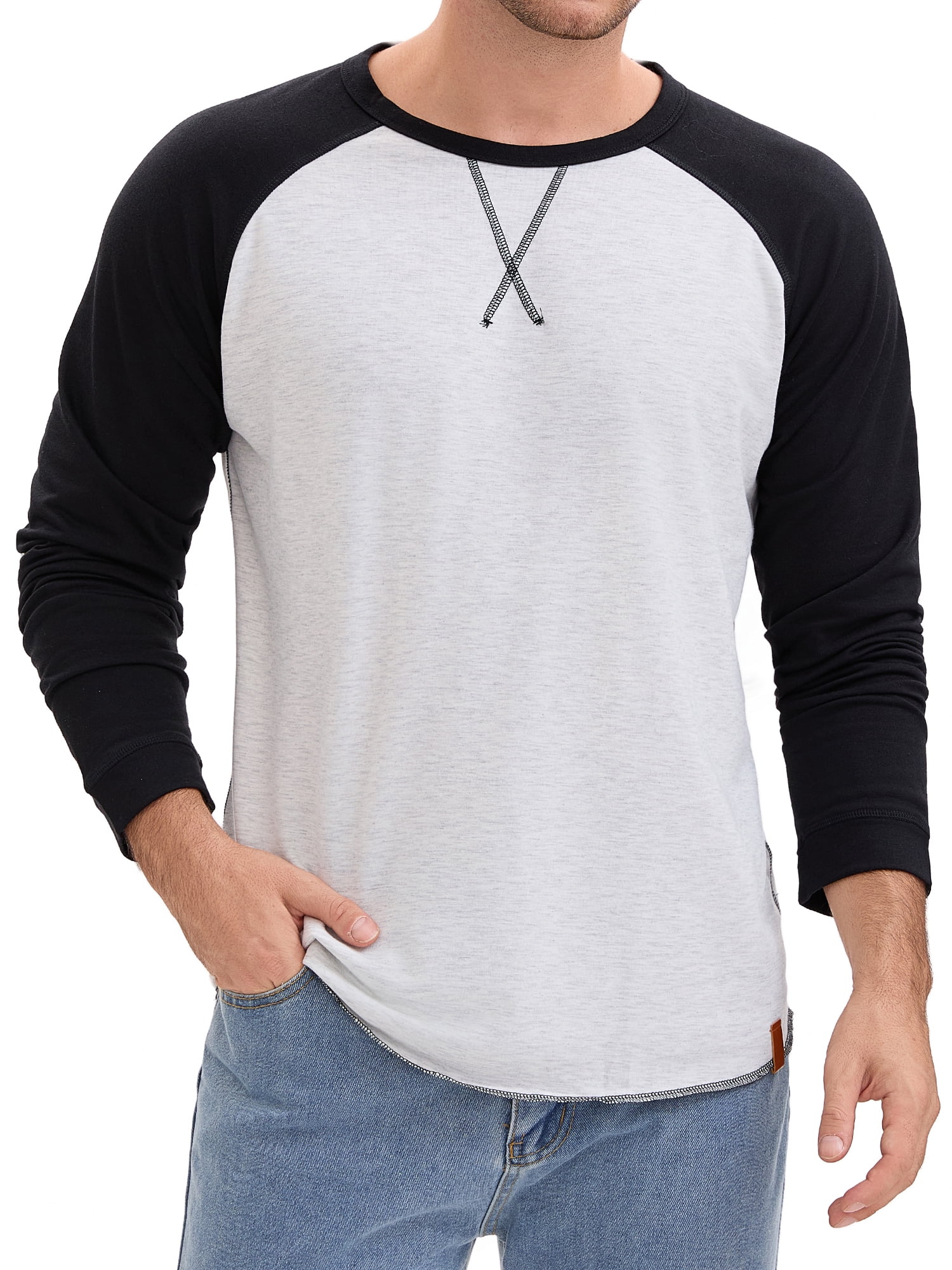 DARING DIVA Men's Long Sleeve Color Block Casual Raglan T-Shirt L Black White
