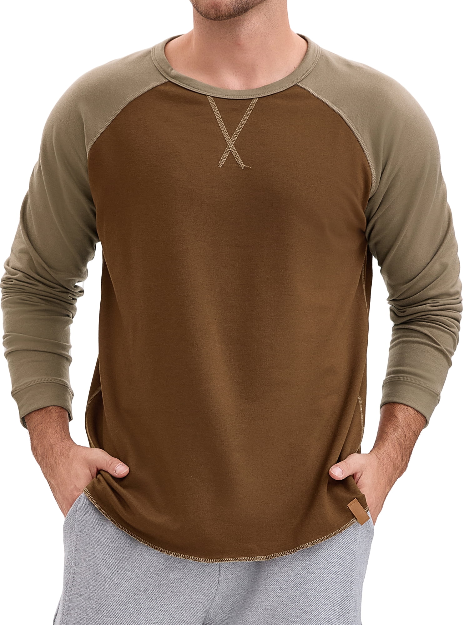 DARING DIVA Men's Long Sleeve Color Block Casual Raglan T-Shirt S Brown Khaki