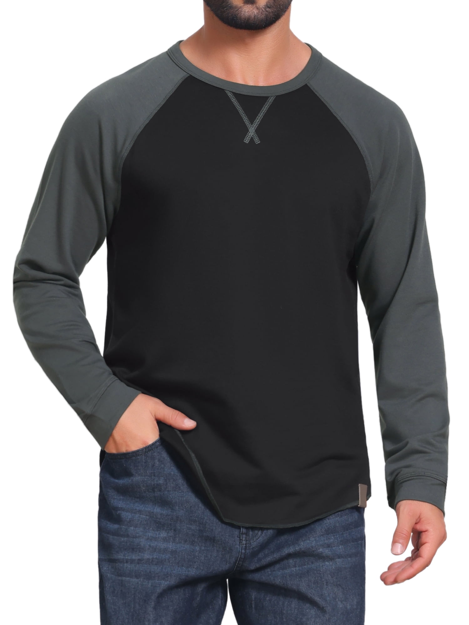 DARING DIVA Men's Long Sleeve Color Block Casual Raglan T-Shirt S Gray Black