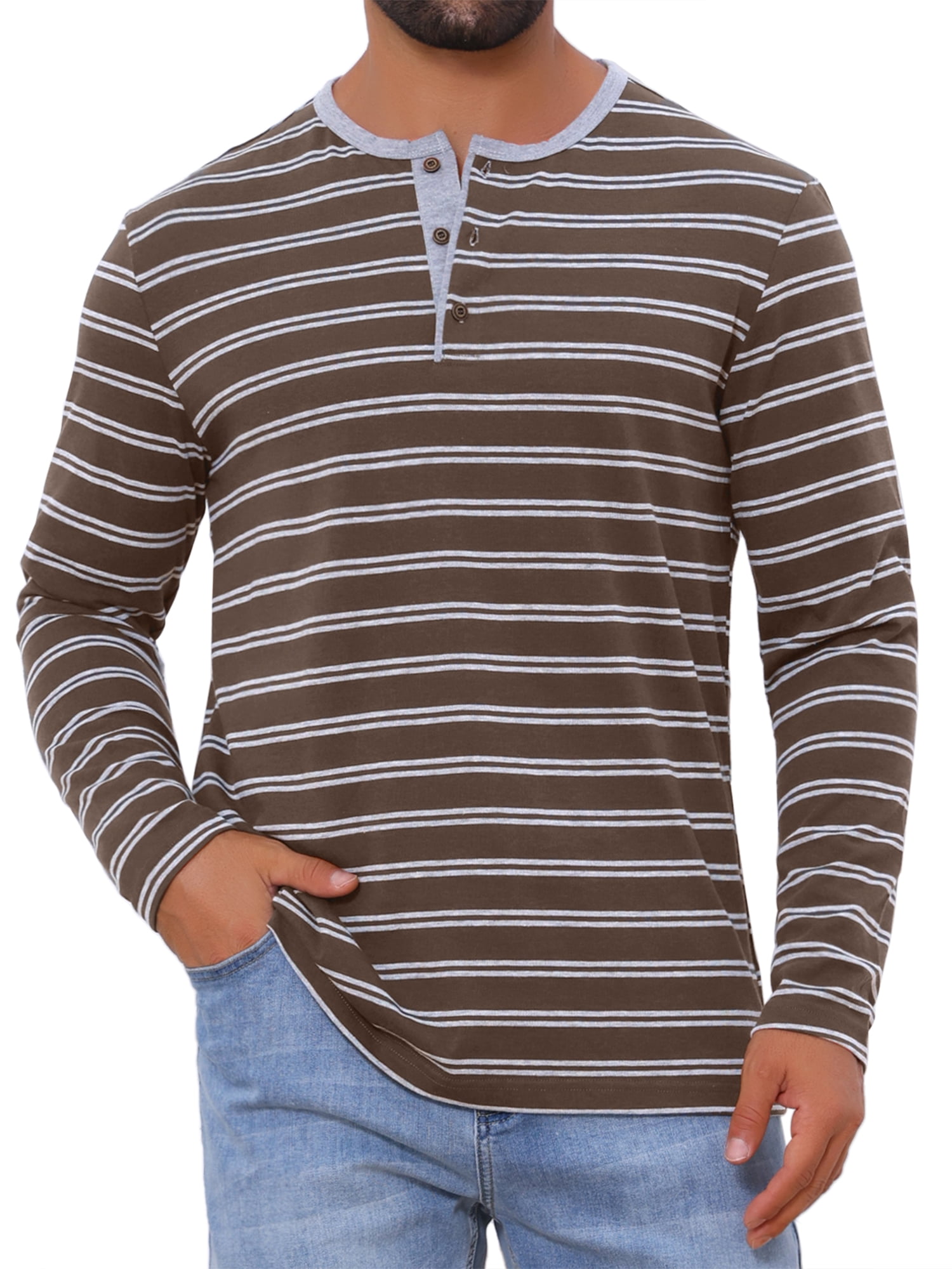 DARING DIVA Men's Long Sleeve Contrasting Colors Striped Henley T-Shirt 2XL Dark Brown