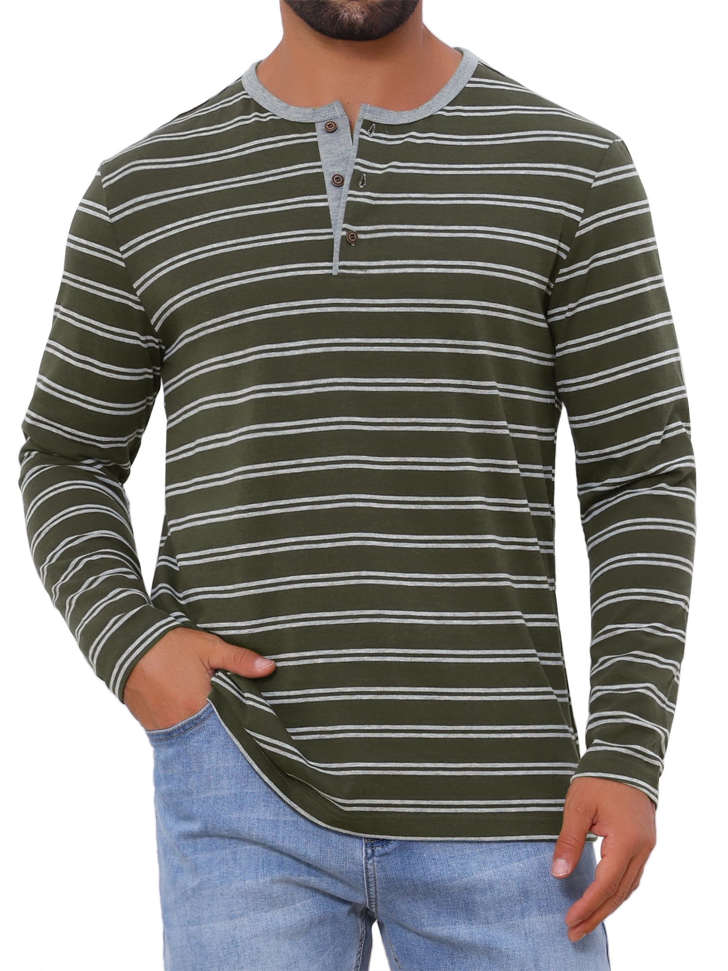 DARING DIVA Men's Long Sleeve Contrasting Colors Striped Henley T-Shirt L Dark Green