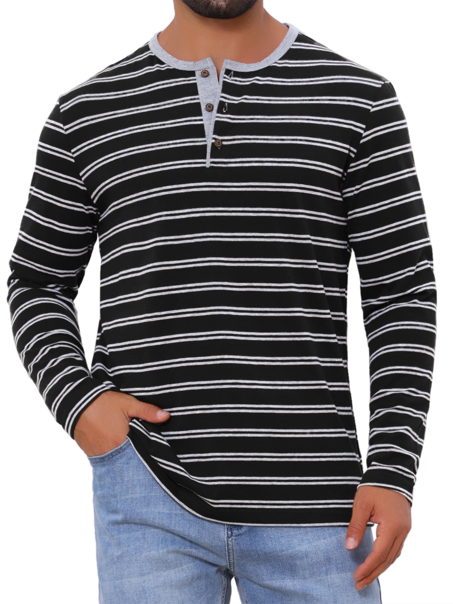 DARING DIVA Men's Long Sleeve Contrasting Colors Striped Henley T-Shirt S Black