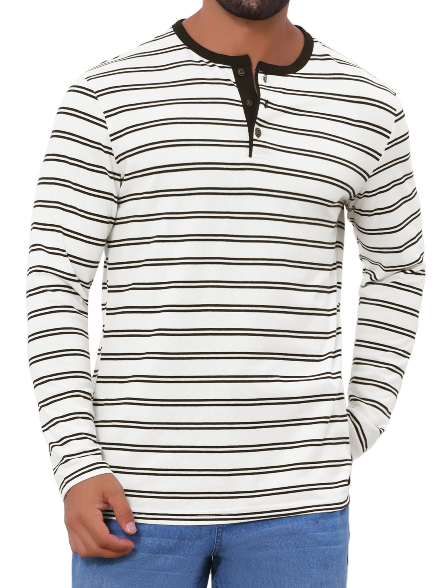 DARING DIVA Men's Long Sleeve Contrasting Colors Striped Henley T-Shirt S White