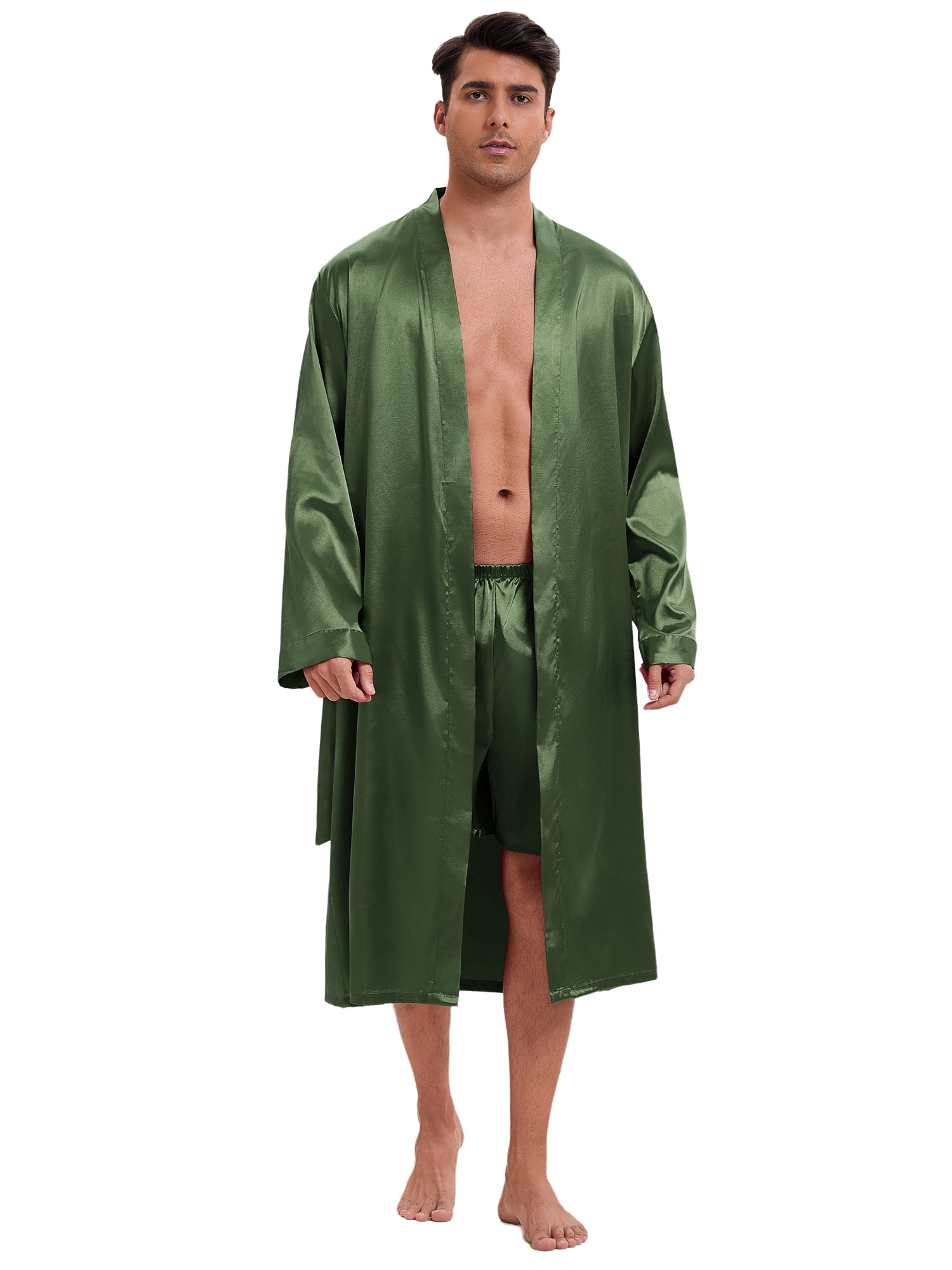DARING DIVA Men's Long Sleeve Kimono Bathrobe Sleepwear with Shorts Set L Green