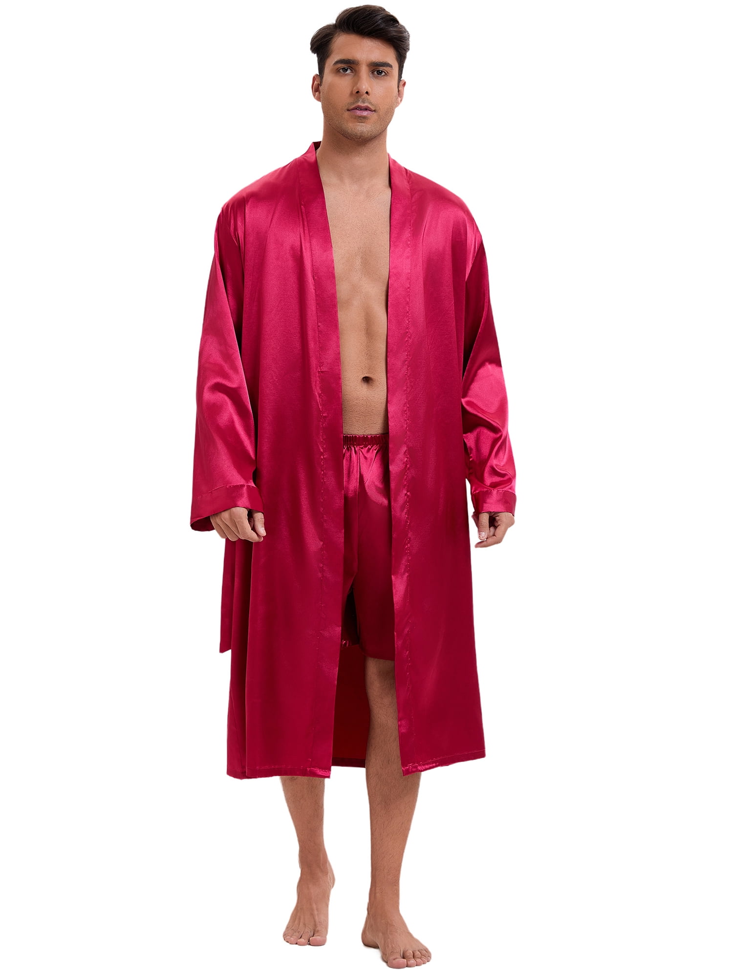 DARING DIVA Men's Long Sleeve Kimono Bathrobe Sleepwear with Shorts Set M Red