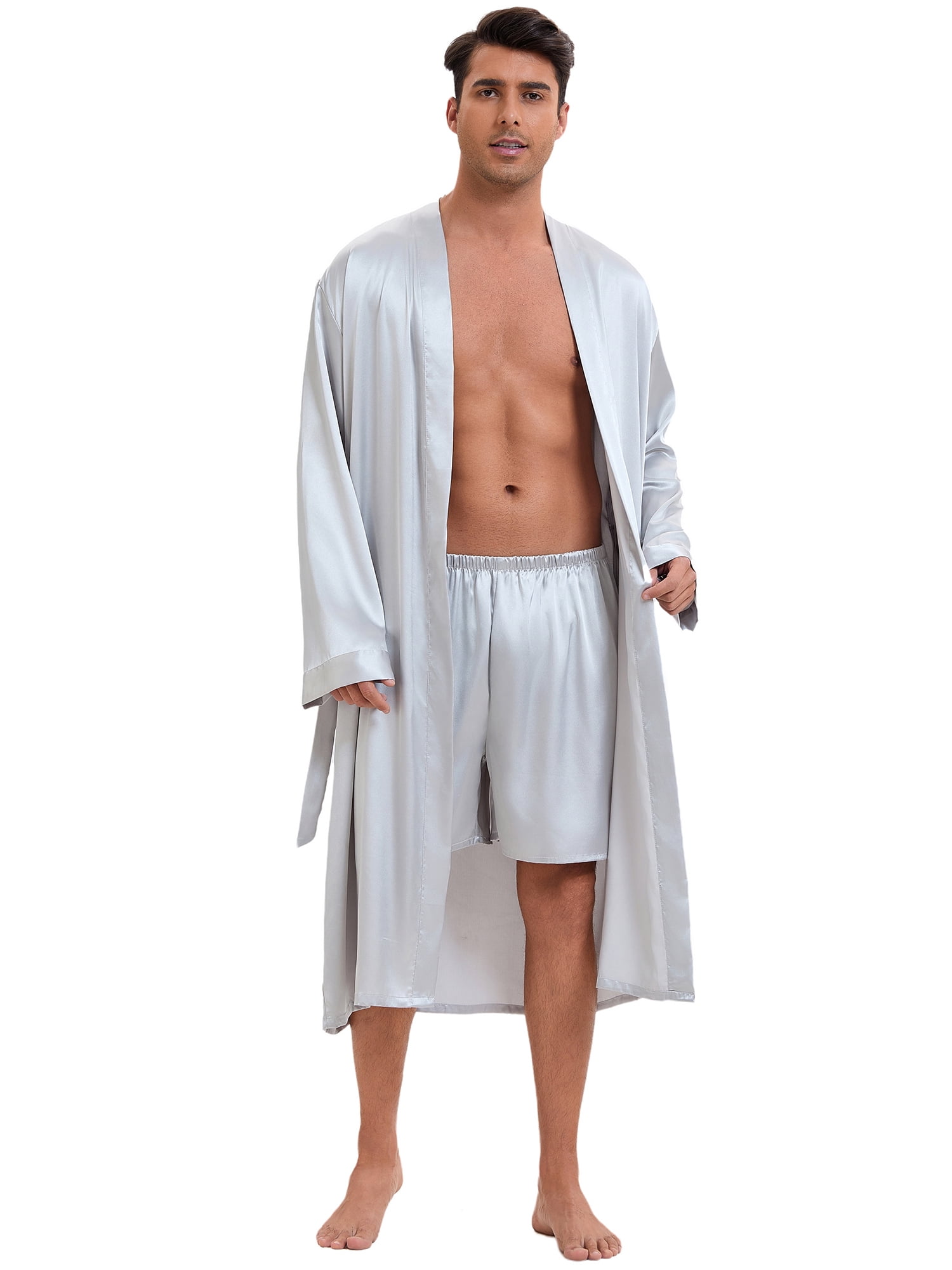 DARING DIVA Men's Long Sleeve Kimono Bathrobe Sleepwear with Shorts Set M Silver