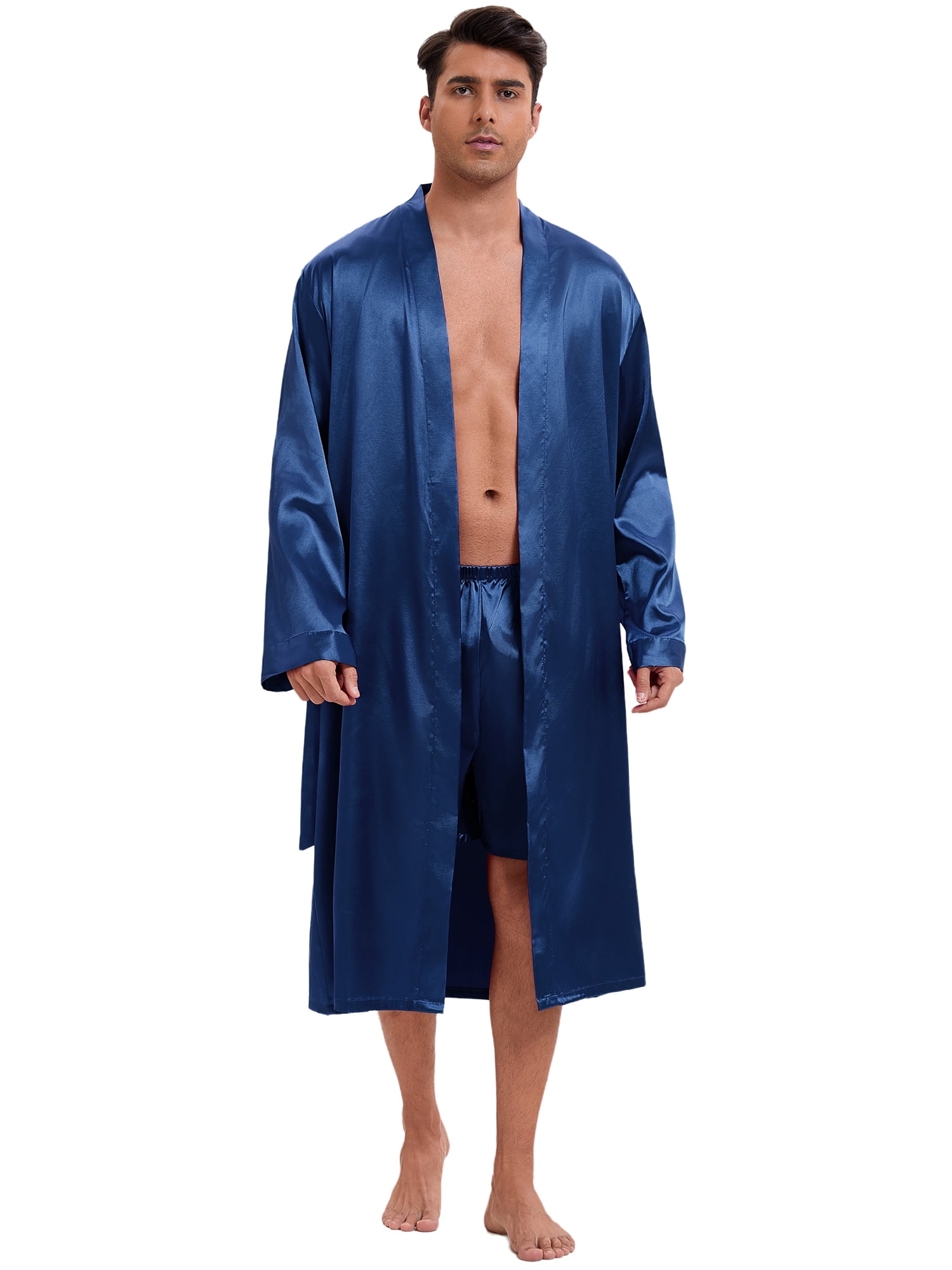 DARING DIVA Men's Long Sleeve Kimono Bathrobe Sleepwear with Shorts Set XL Navy Blue