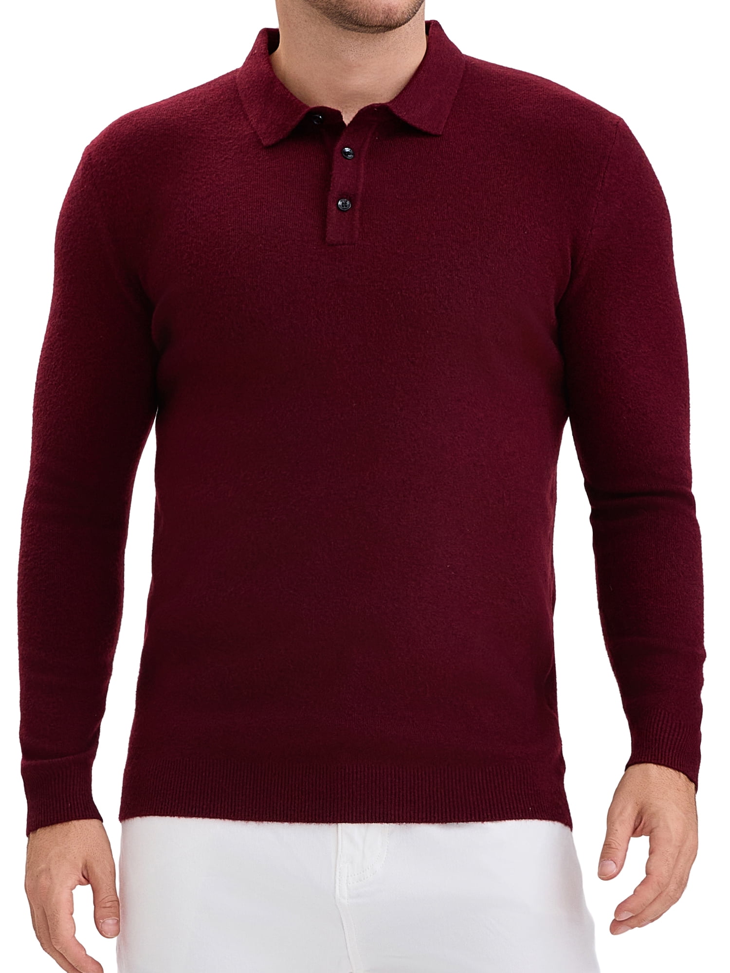 DARING DIVA Men's Long Sleeve Pullover Business Knitted Polo Shirt M Burgundy