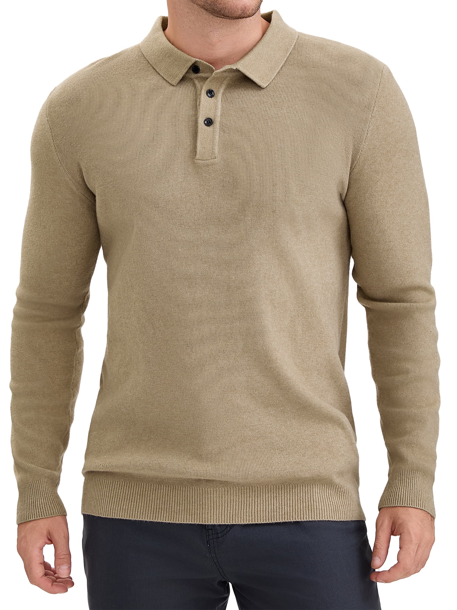 DARING DIVA Men's Long Sleeve Pullover Business Knitted Polo Shirt M Khaki