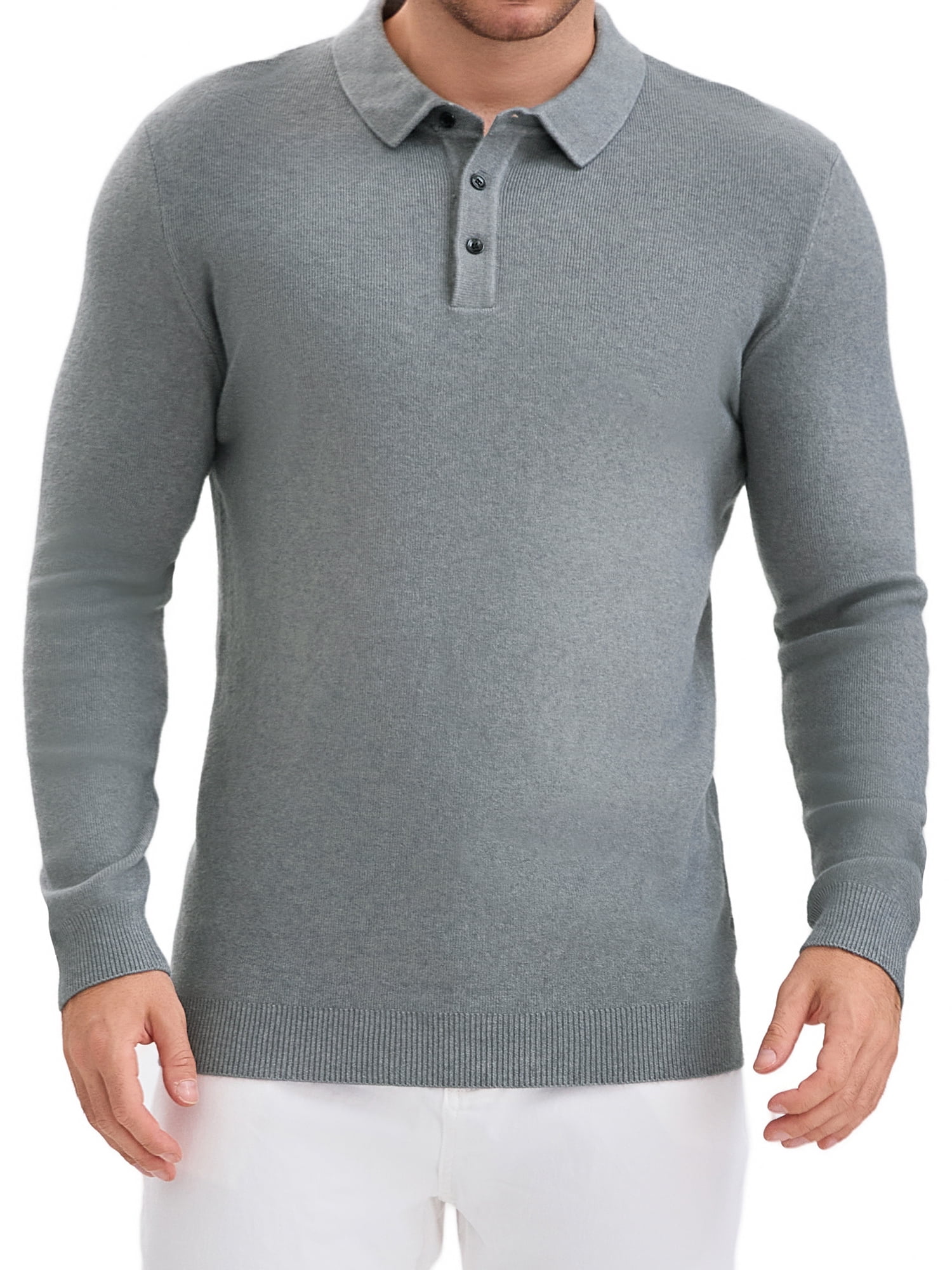 DARING DIVA Men's Long Sleeve Pullover Business Knitted Polo Shirt S Gray