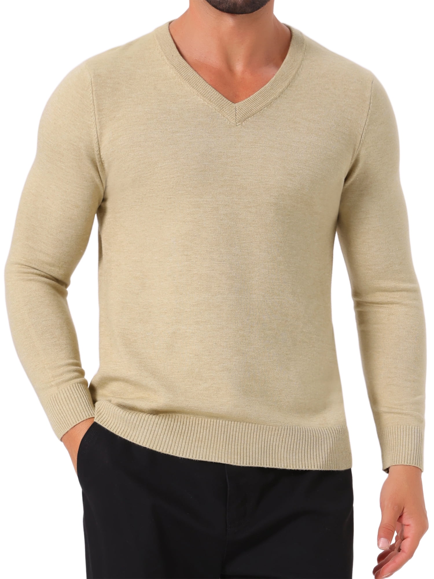 DARING DIVA Men's Long Sleeve V-Neck Solid Knitted Pullover Sweater L Beige