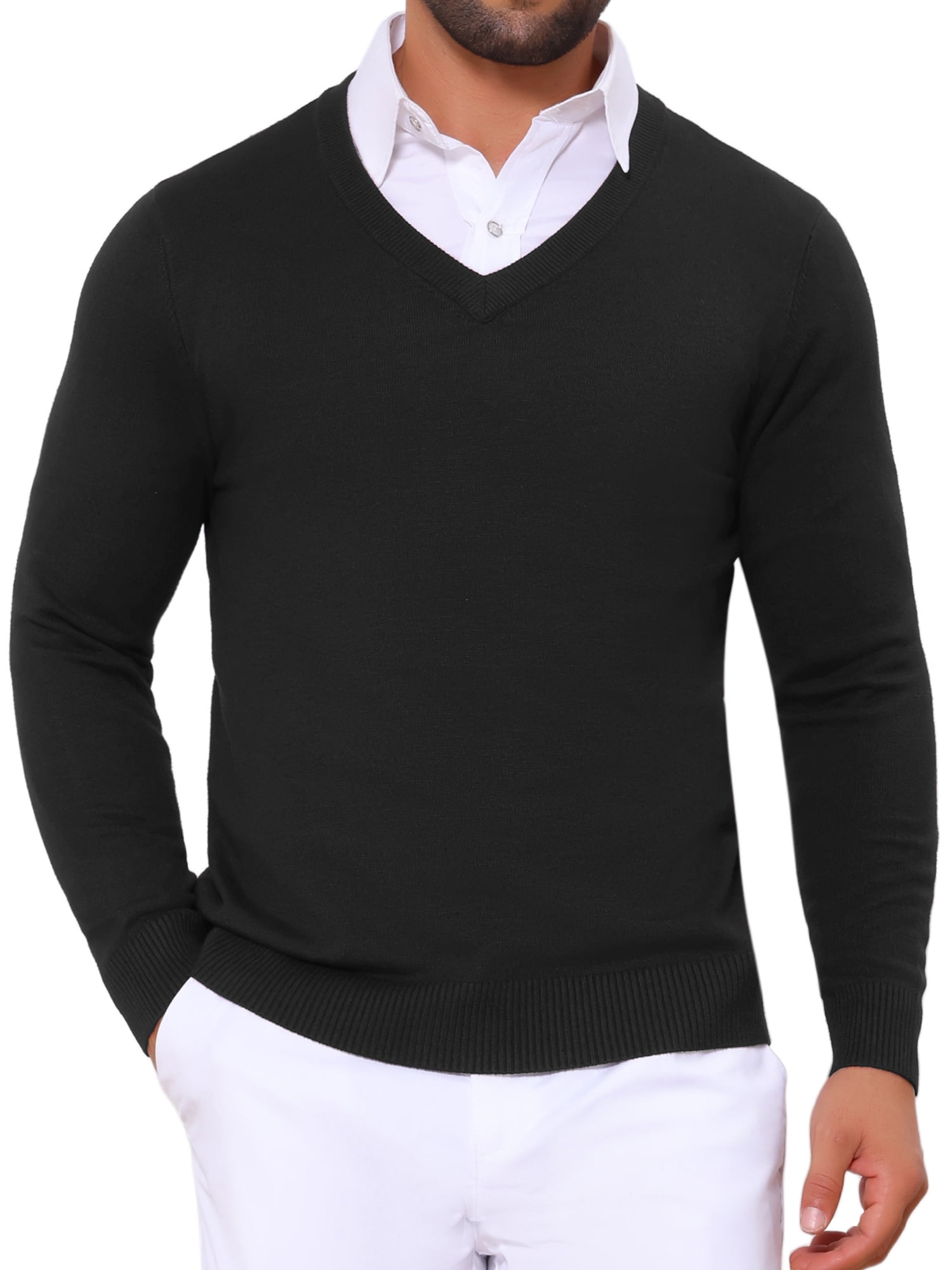 DARING DIVA Men's Long Sleeve V-Neck Solid Knitted Pullover Sweater L Black