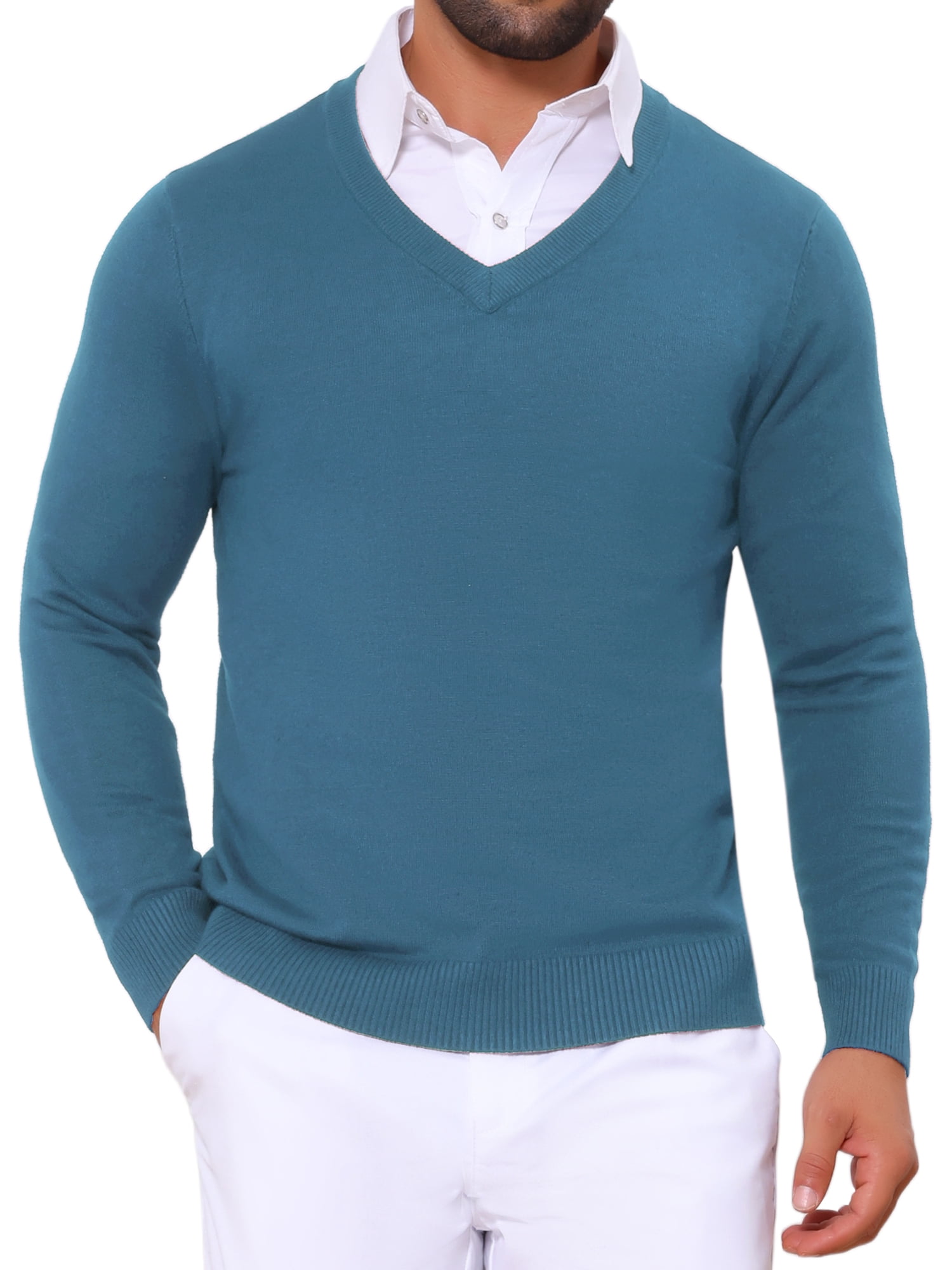 DARING DIVA Men's Long Sleeve V-Neck Solid Knitted Pullover Sweater L Blue