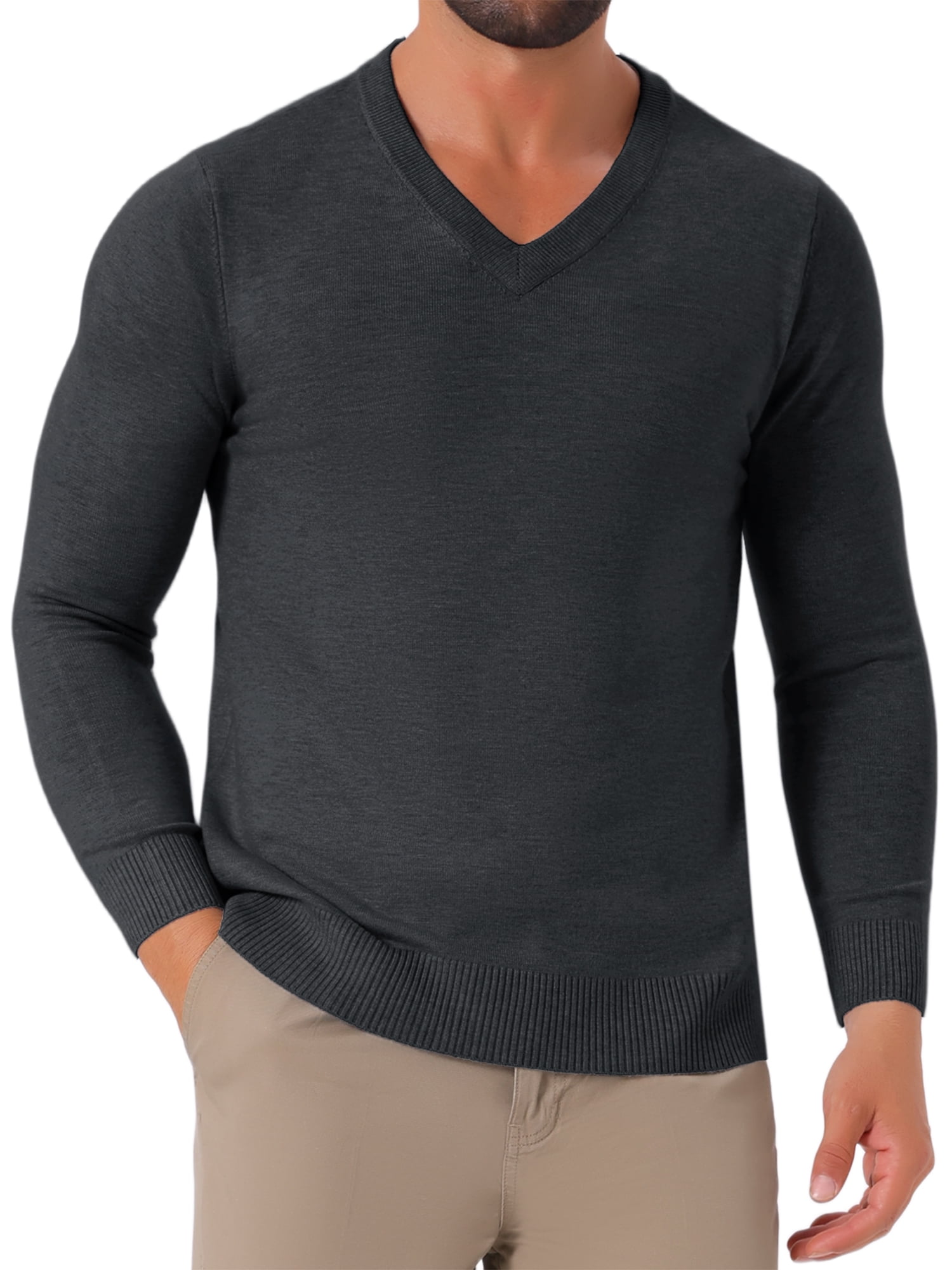 DARING DIVA Men's Long Sleeve V-Neck Solid Knitted Pullover Sweater S Black Gray
