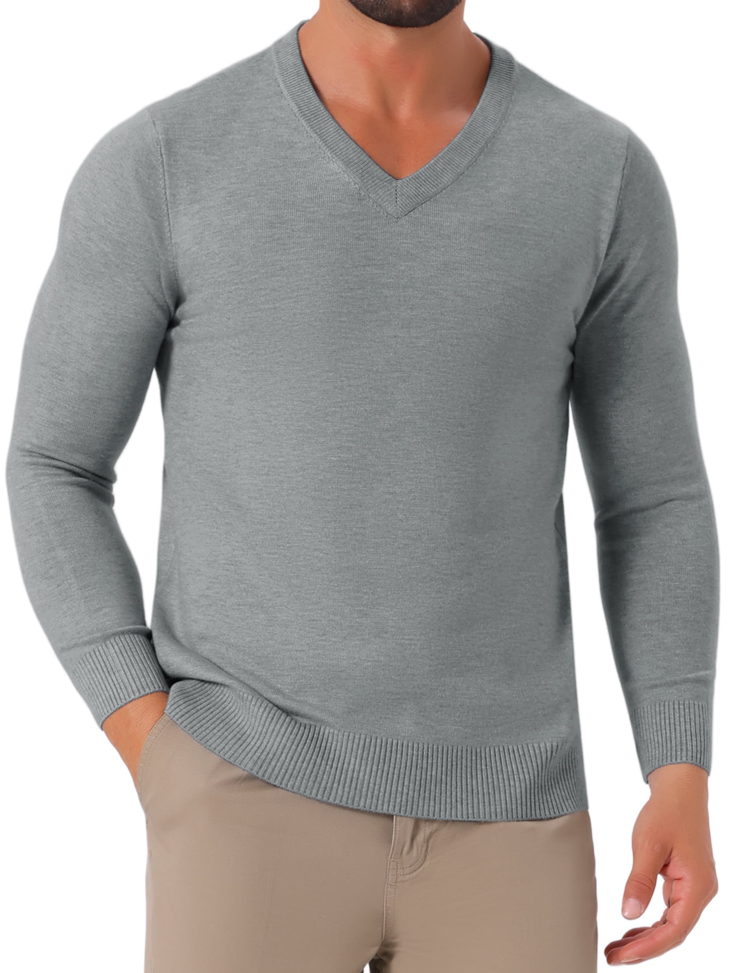 DARING DIVA Men's Long Sleeve V-Neck Solid Knitted Pullover Sweater XL Gray