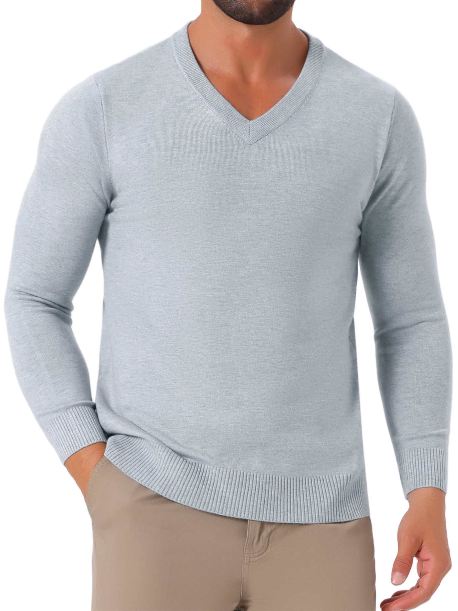 DARING DIVA Men's Long Sleeve V-Neck Solid Knitted Pullover Sweater XL Light Gray