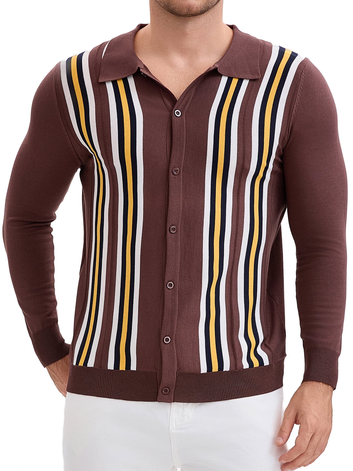DARING DIVA Men's Long Sleeves Button Down Printing Knitted Polo Shirts 2XL Brown