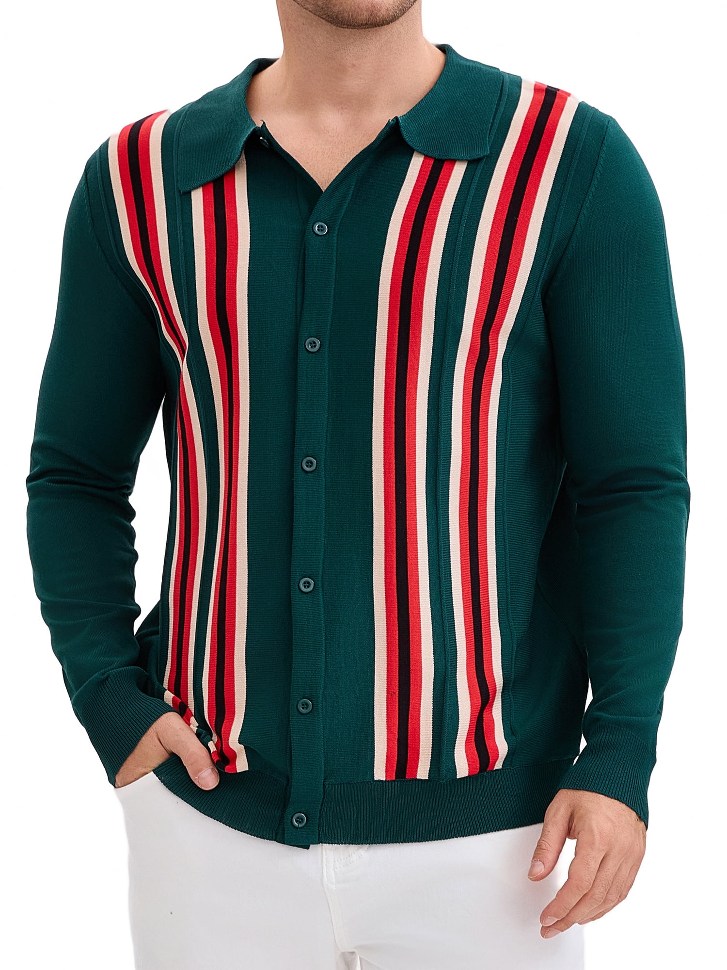 DARING DIVA Men's Long Sleeves Button Down Printing Knitted Polo Shirts M Green