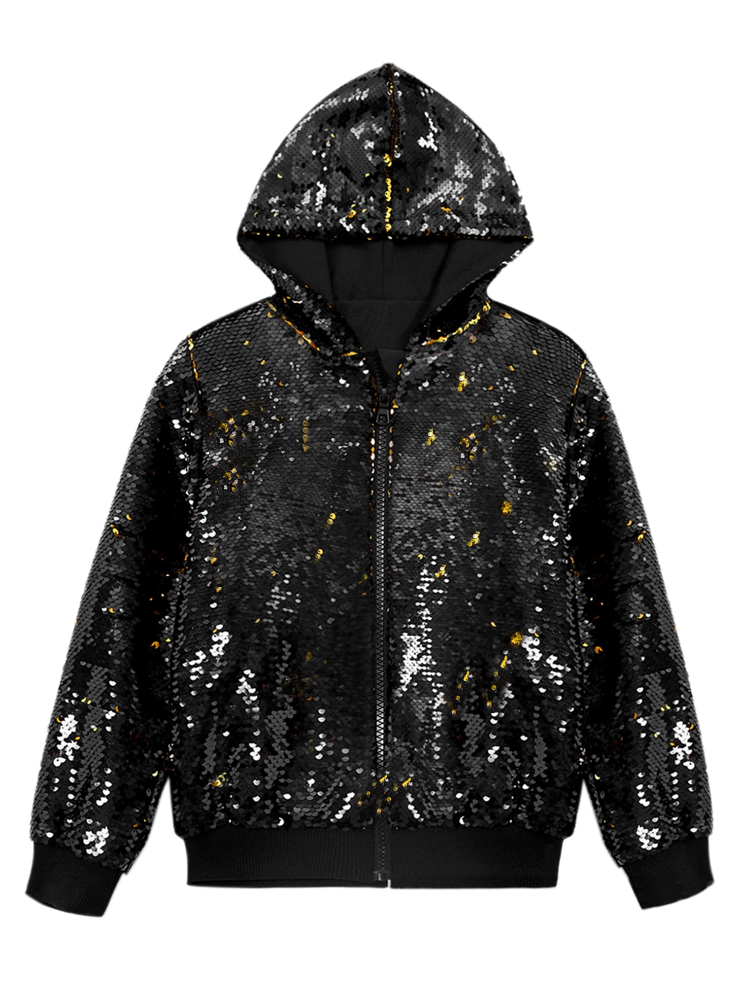 DARING DIVA Men's Sequins Long Sleeves Flip-Sequin Sparkle Metallic Hoodie Jackets S Black