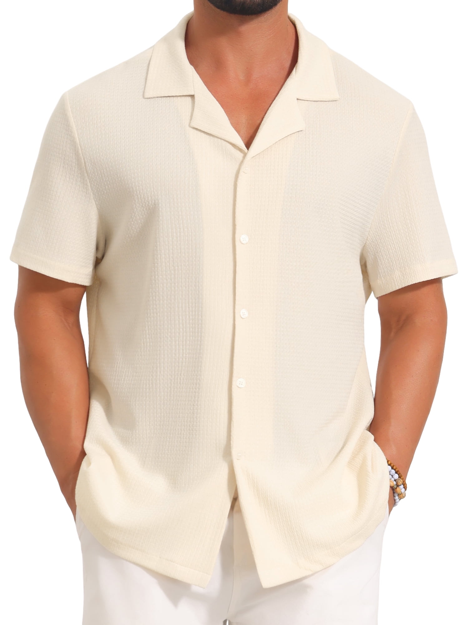 DARING DIVA Men's Mesh Camp Collar Short Sleeve Button Down Shirt for Summer L Beige