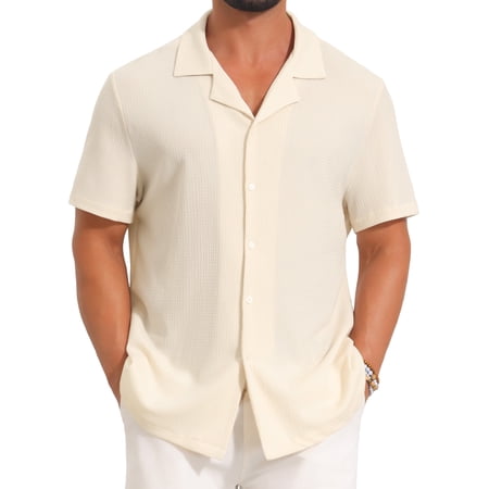 DARING DIVA Men's Mesh Camp Collar Short Sleeve Button Down Shirt for Summer M Beige