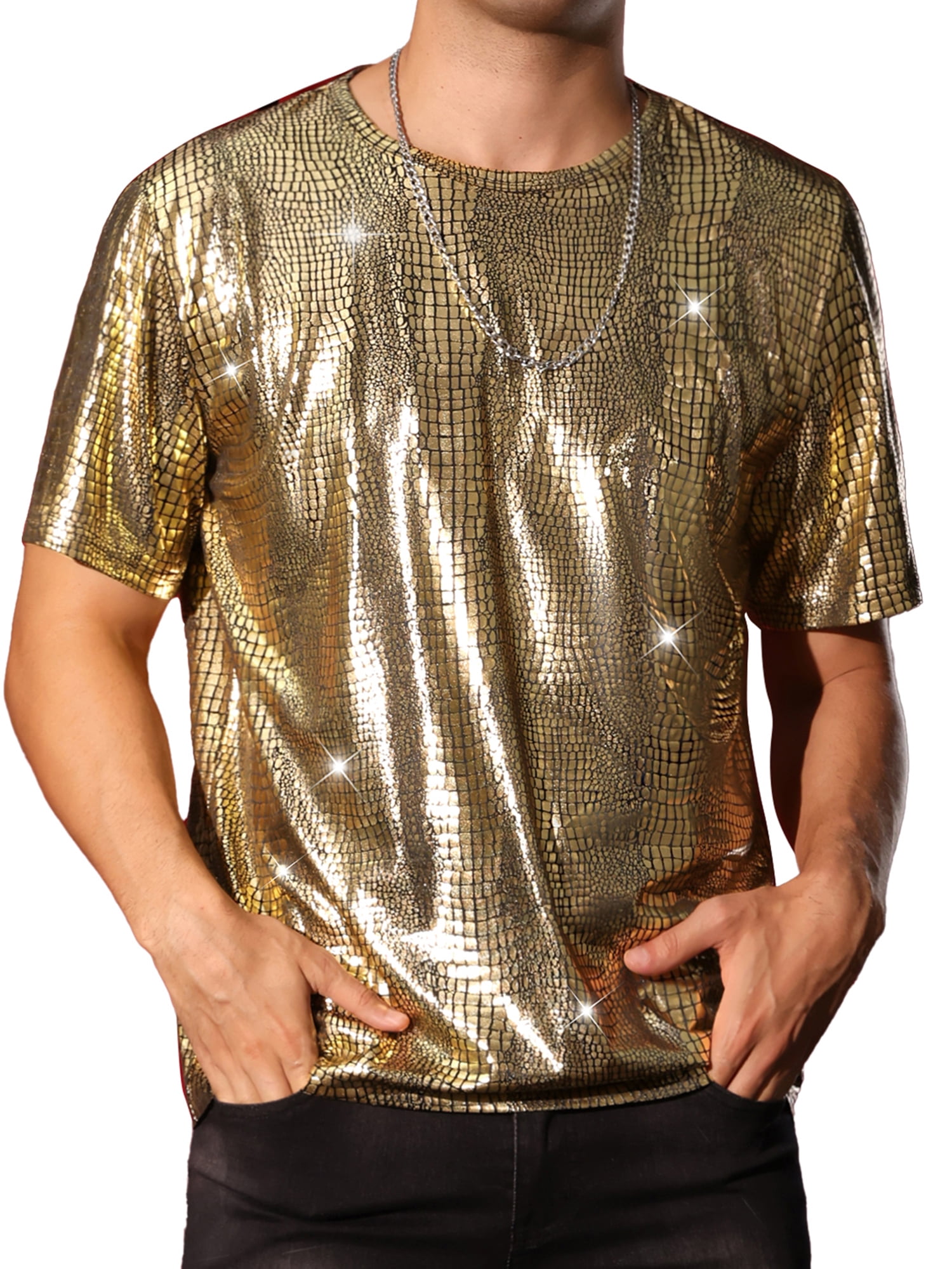 DARING DIVA Men's Metallic Crocodile-Pattern Short Sleeves Disco Party T-Shirt 2XL Golden