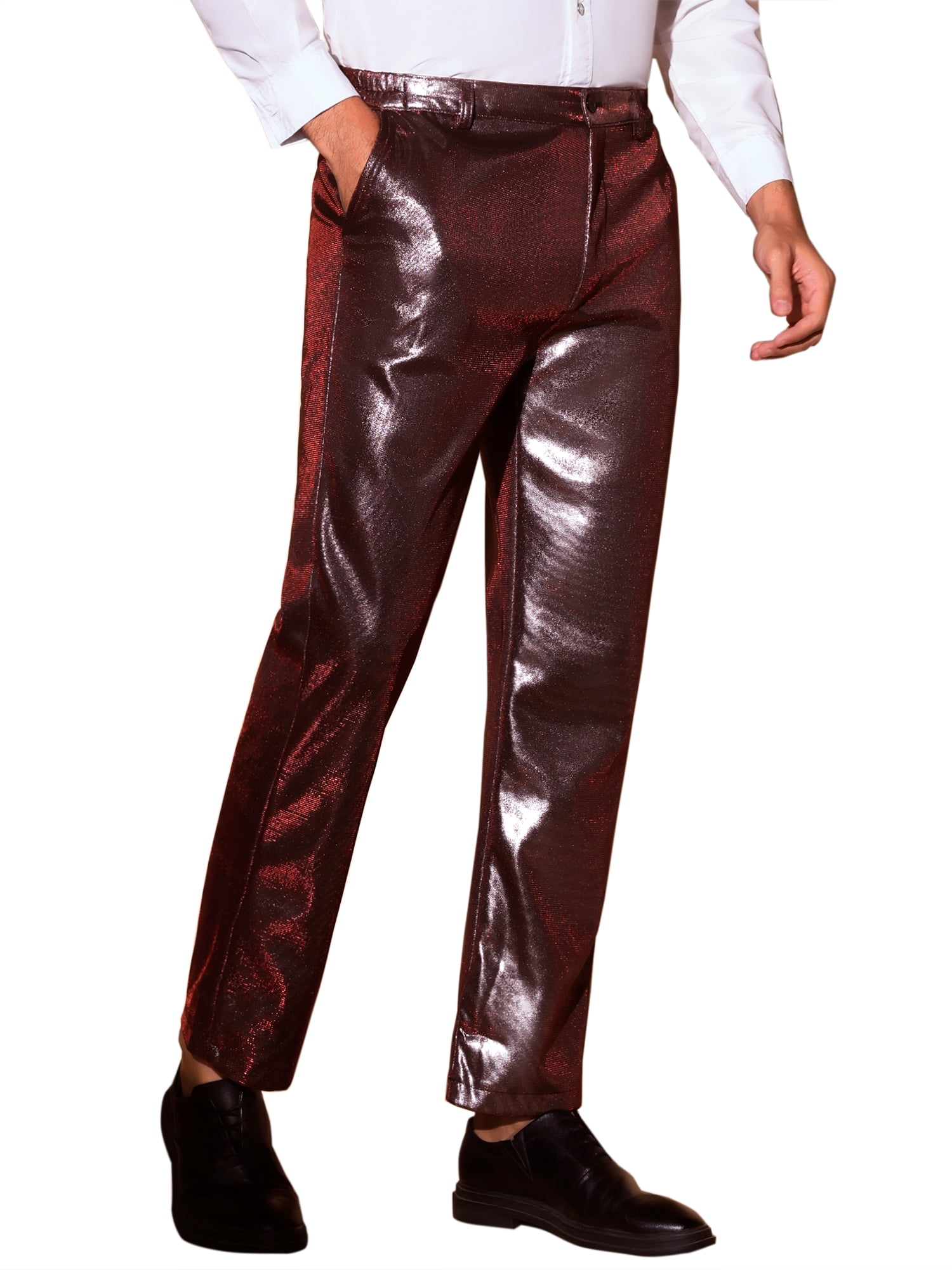 DARING DIVA Men's Metallic Pants Straight Leg Shiny Faux Leather Trousers 32 Red