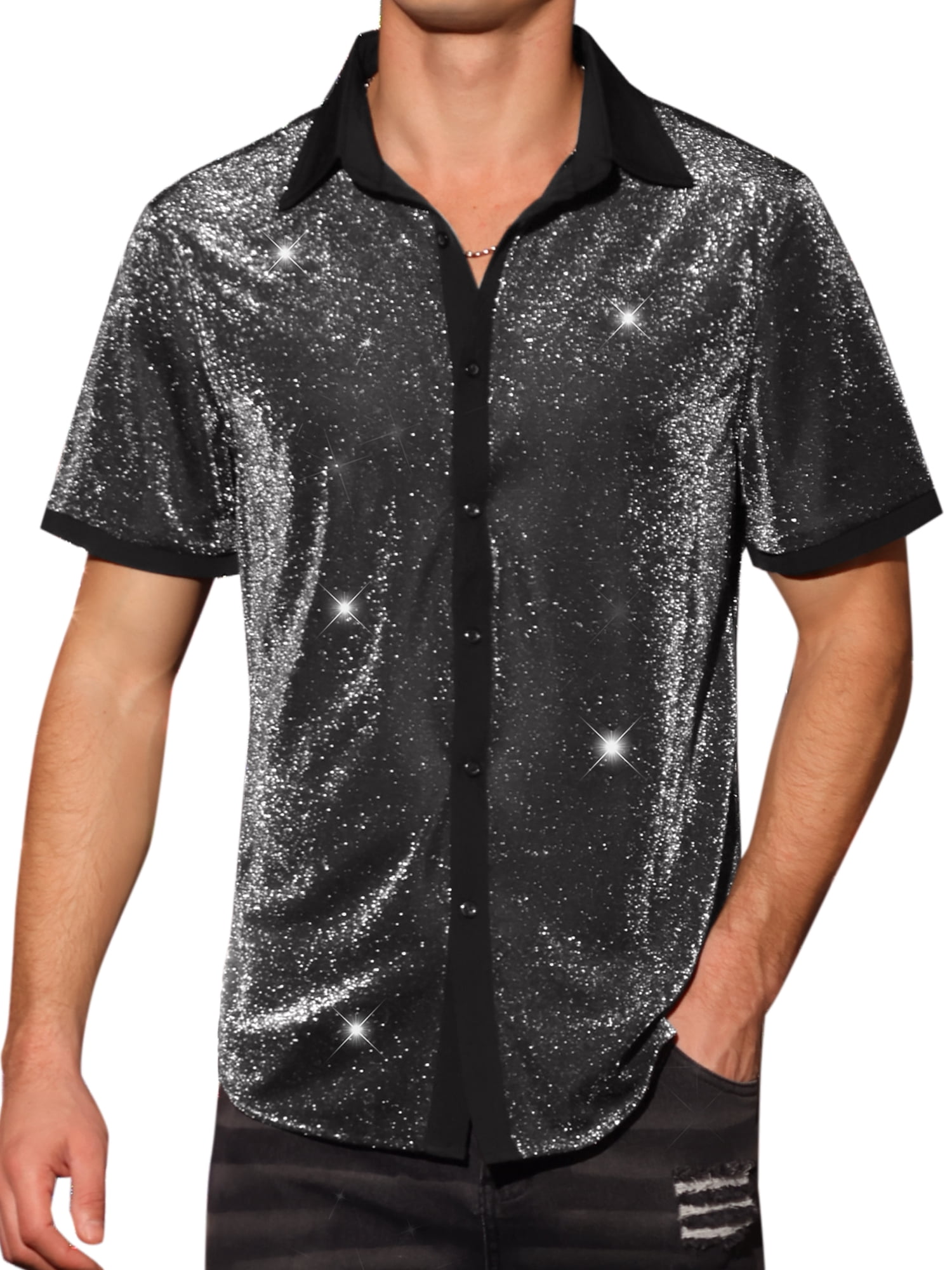 DARING DIVA Men's Metallic See Through Short Sleeves Disco Shiny Sheer Shirts M Silver