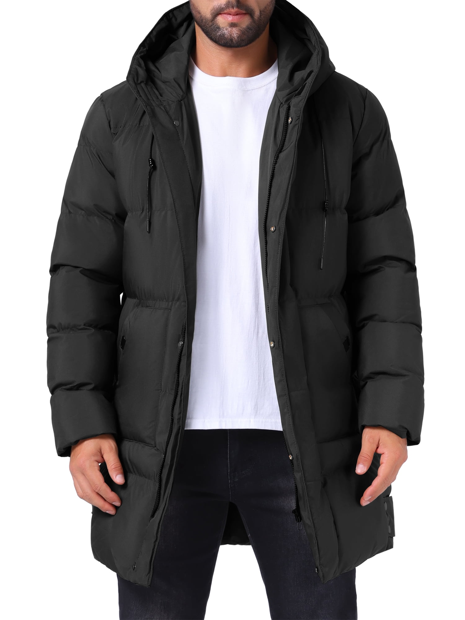 DARING DIVA Men's Mid-Length Outerwear Zipper Quilted Hooded Padded Coat 2XL Black