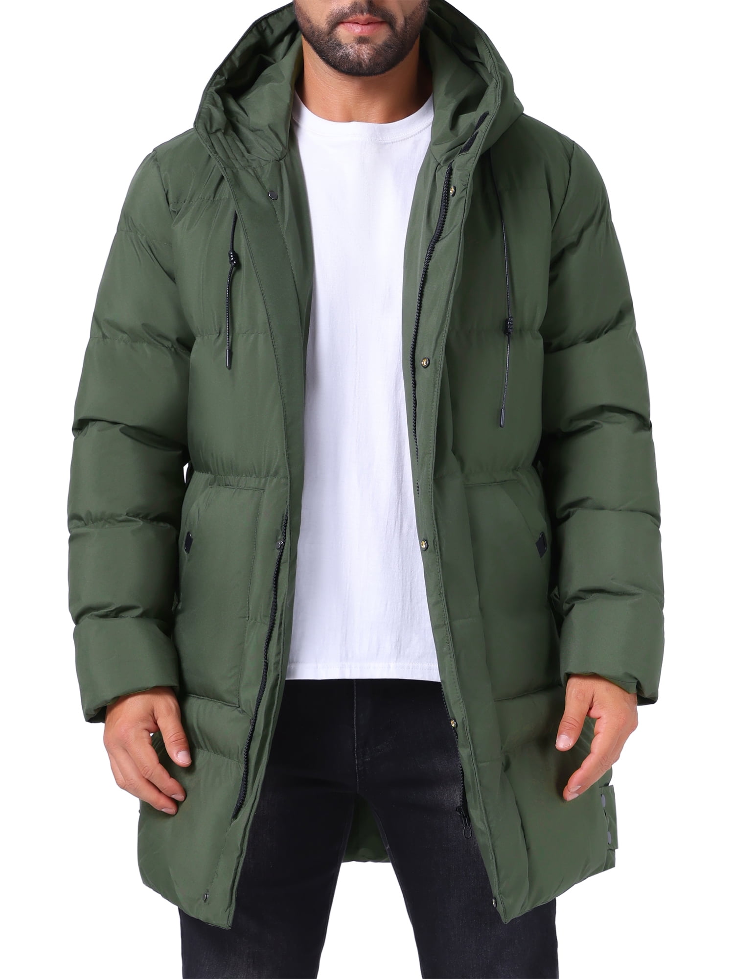 DARING DIVA Men's Mid-Length Outerwear Zipper Quilted Hooded Padded Coat S Dark Green
