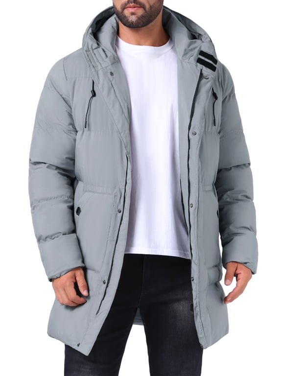 Men's Mid-Length Outerwear Zipper Quilted Hooded Padded Coat S Gray