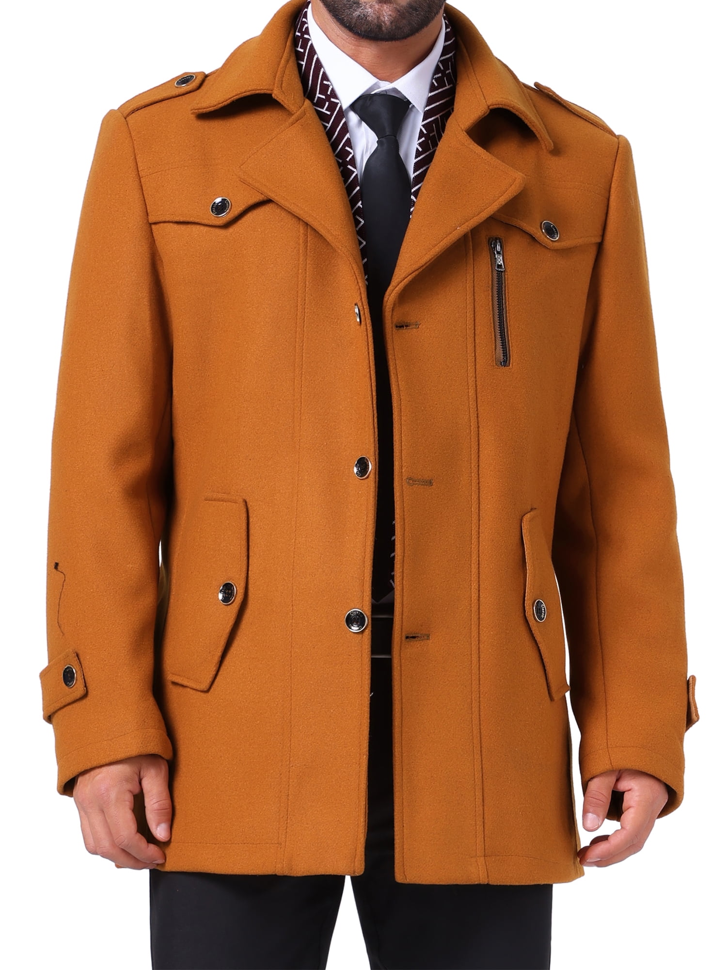 DARING DIVA Men's Mid-Length Overcoat Zipper Single Breasted Winter Coat M Caramel Brown