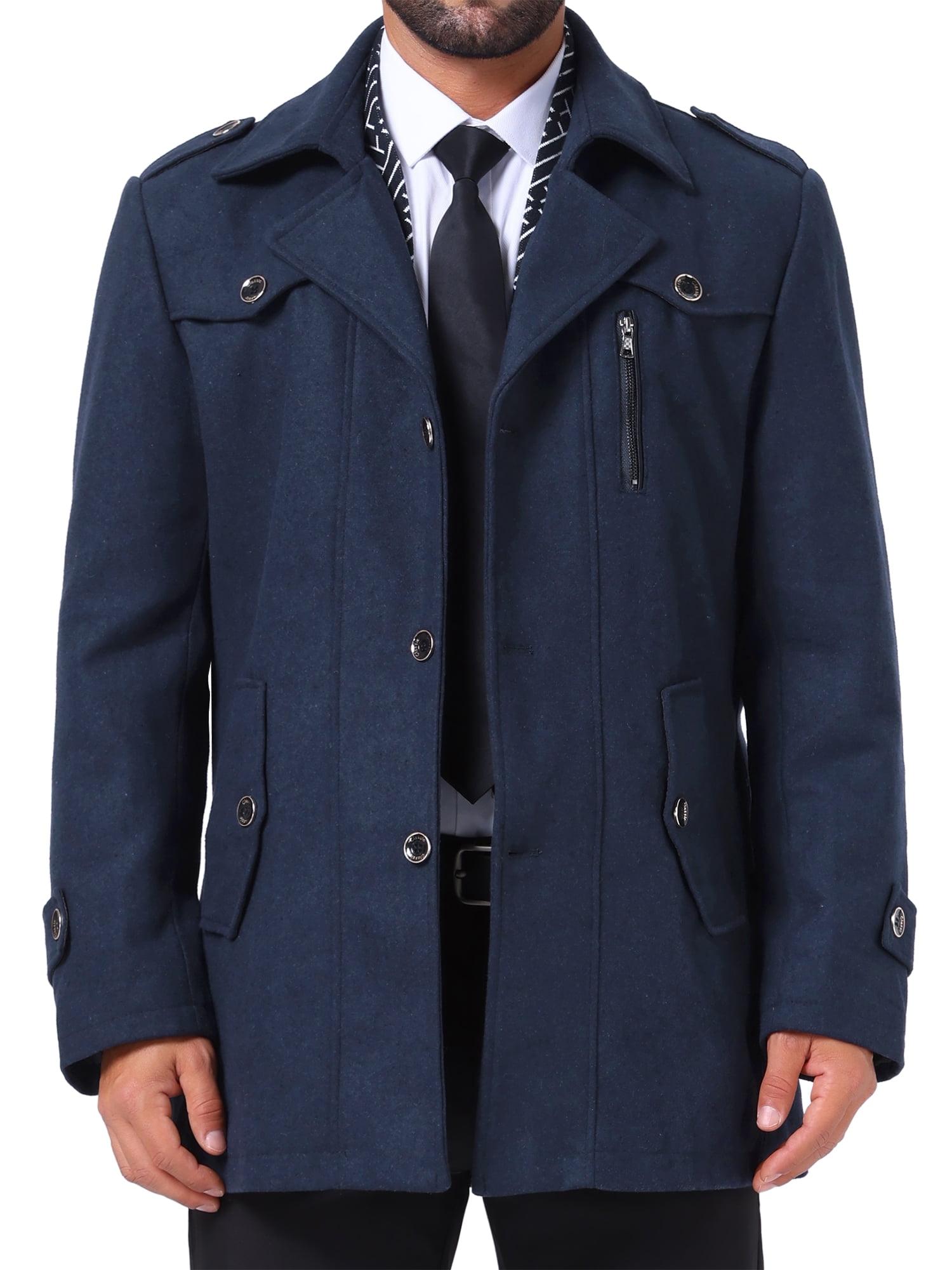 DARING DIVA Men's Mid-Length Overcoat Zipper Single Breasted Winter Coat S Dark Blue