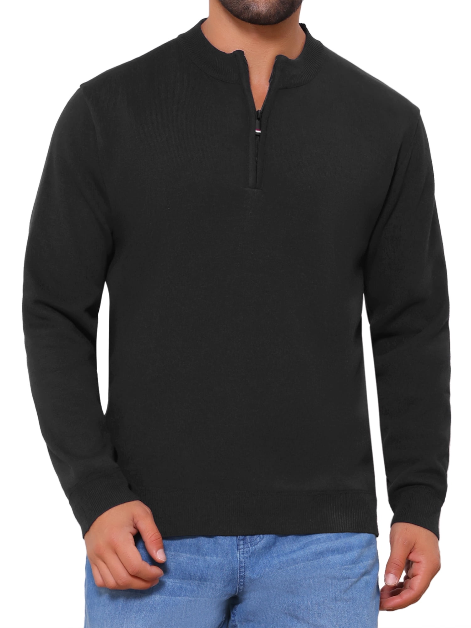 DARING DIVA Men's Mock Neck Pullover Quarter Zip Knitted Polo Sweater M Black