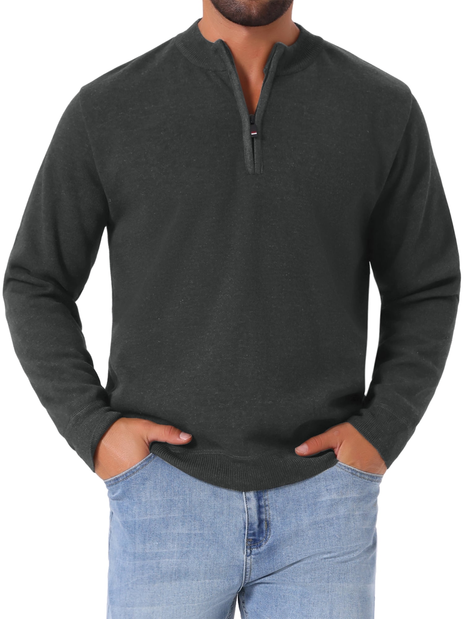 DARING DIVA Men's Mock Neck Pullover Quarter Zip Knitted Polo Sweater M Dark Gray