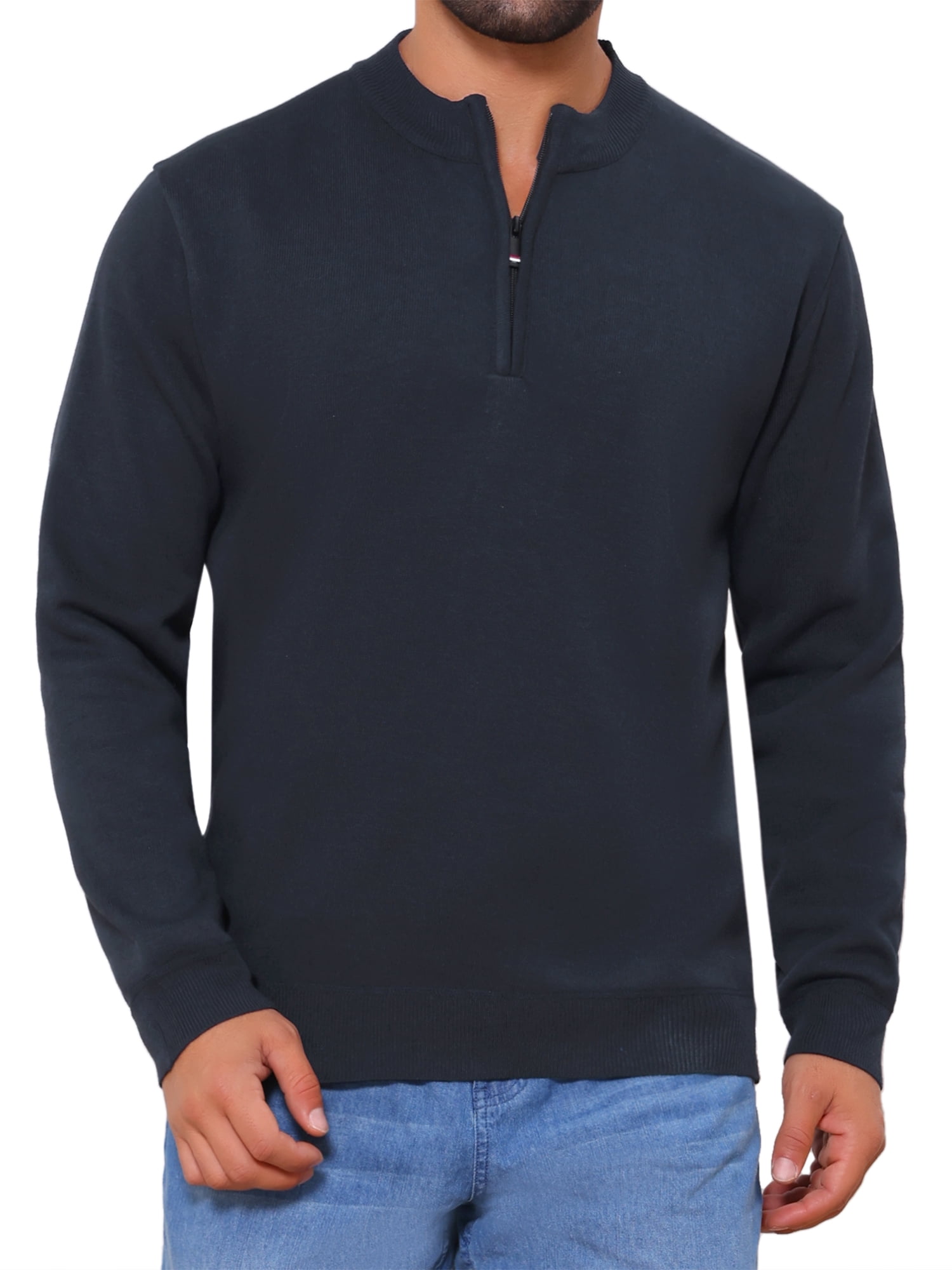 DARING DIVA Men's Mock Neck Pullover Quarter Zip Knitted Polo Sweater S Dark Blue