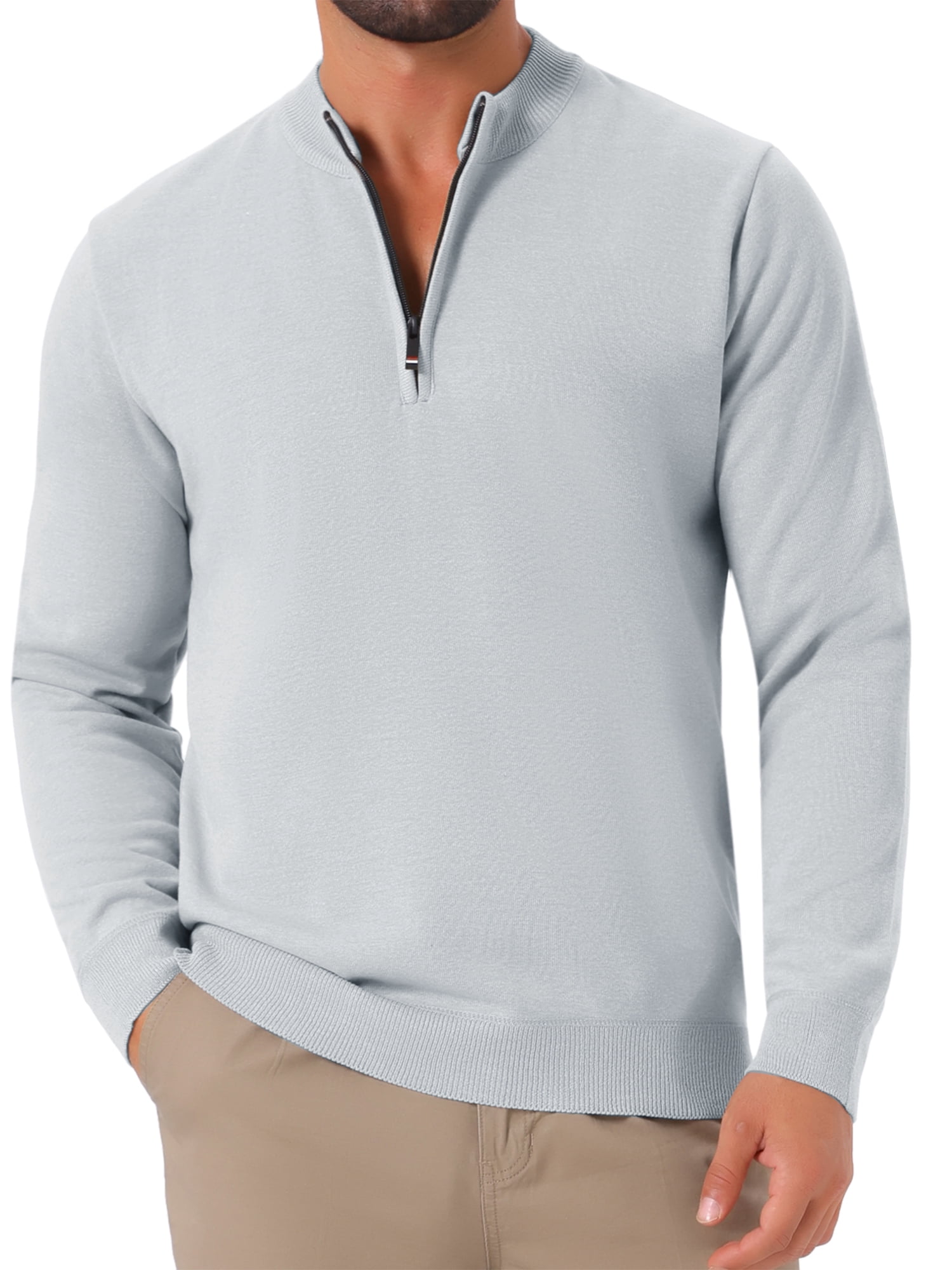DARING DIVA Men's Mock Neck Pullover Quarter Zip Knitted Polo Sweater XL Light Gray