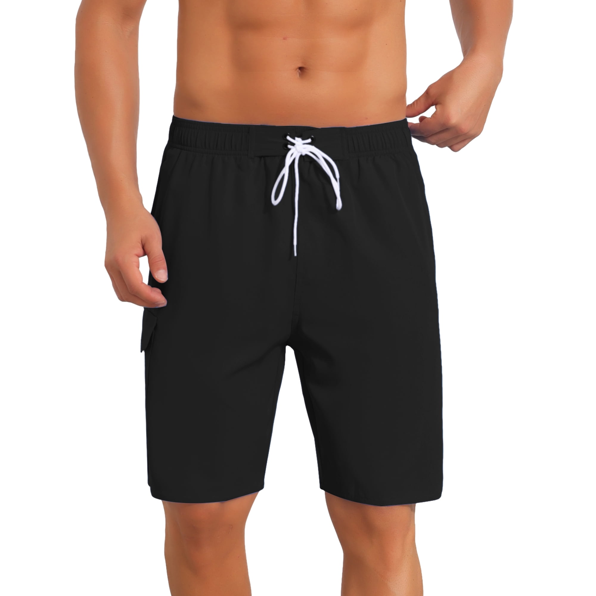 DARING DIVA Men's Multiple Pockets Beach Drawstring Waist Summer Board Shorts 34 Black