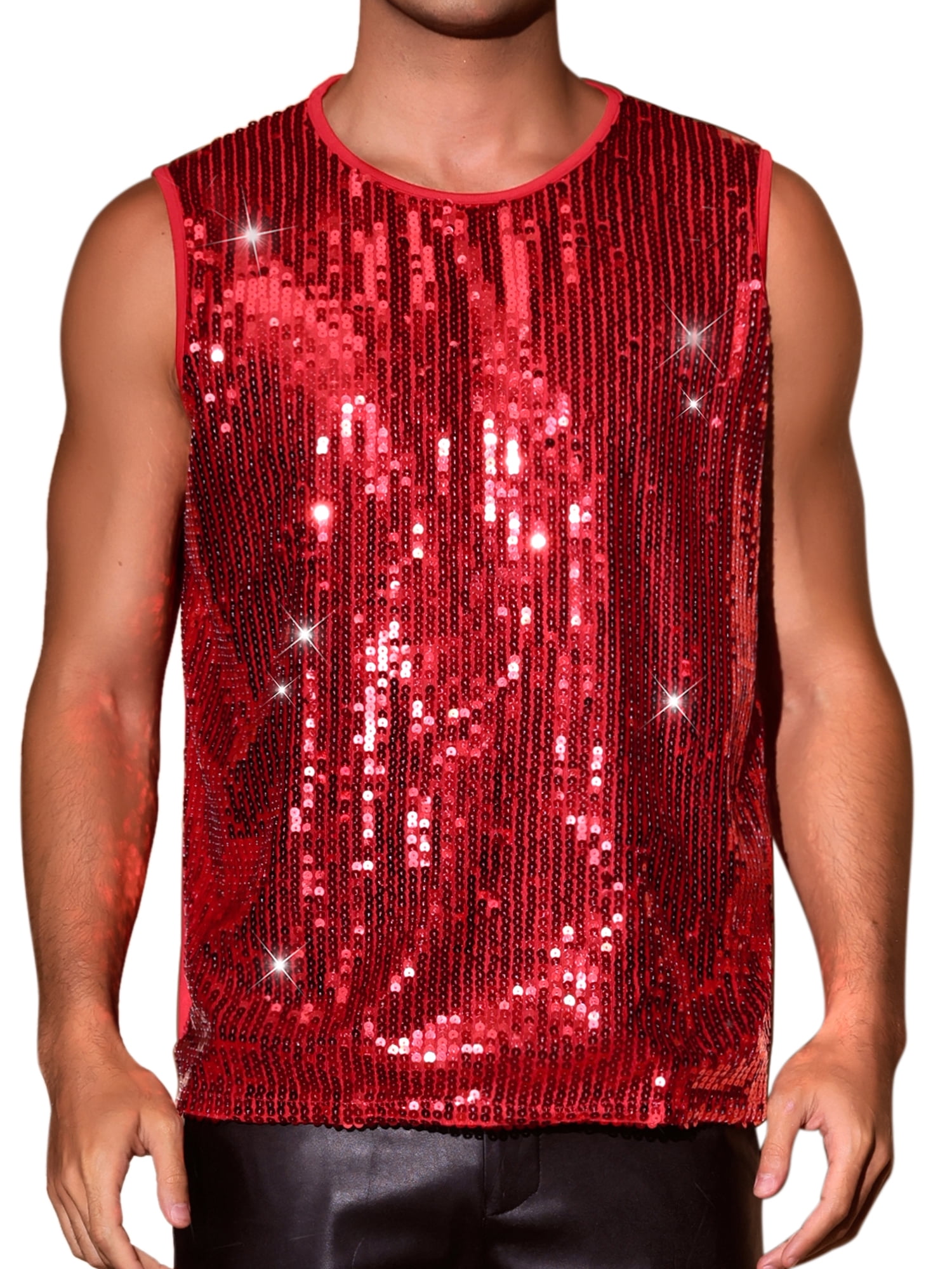 DARING DIVA Men's Patchwork Sleeveless Party Night Out Sparkle Vest 2XL Red