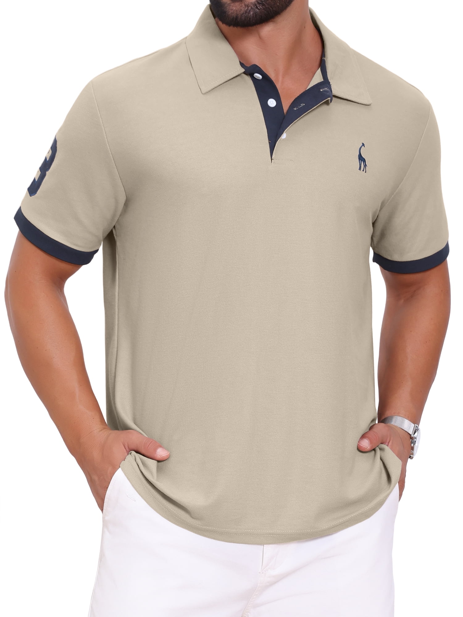 DARING DIVA Men's Pique Contrast Color Short Sleeve Golf Polo Shirts L Khaki