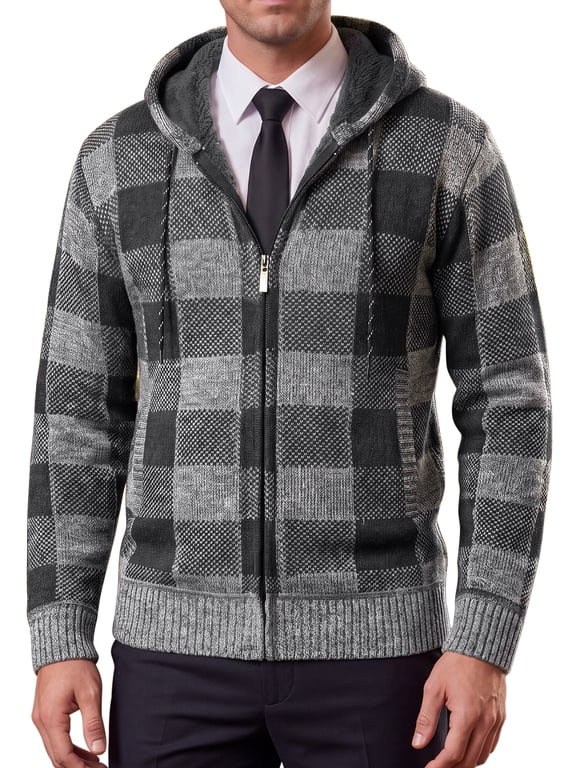 Men's Plaid Knitted Fleece Lined Drawstring Hooded Zipper Jacket M Light Gray