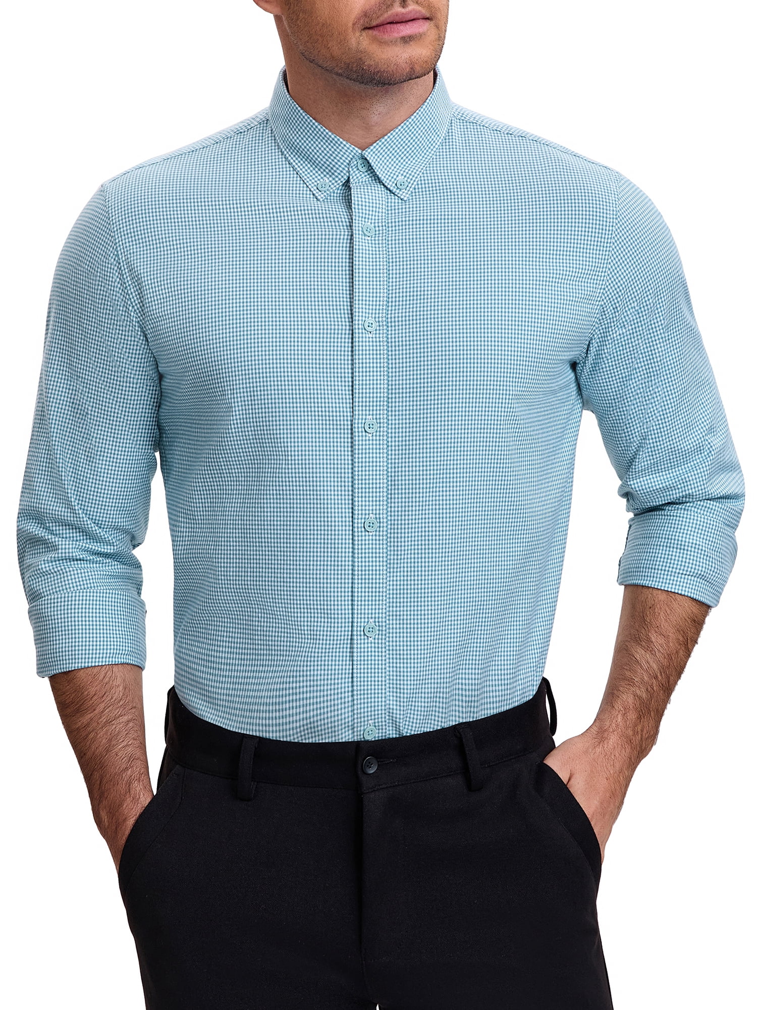 DARING DIVA Men's Plaid Long Sleeved Button Down Houndstooth Dress Shirts M Light Green
