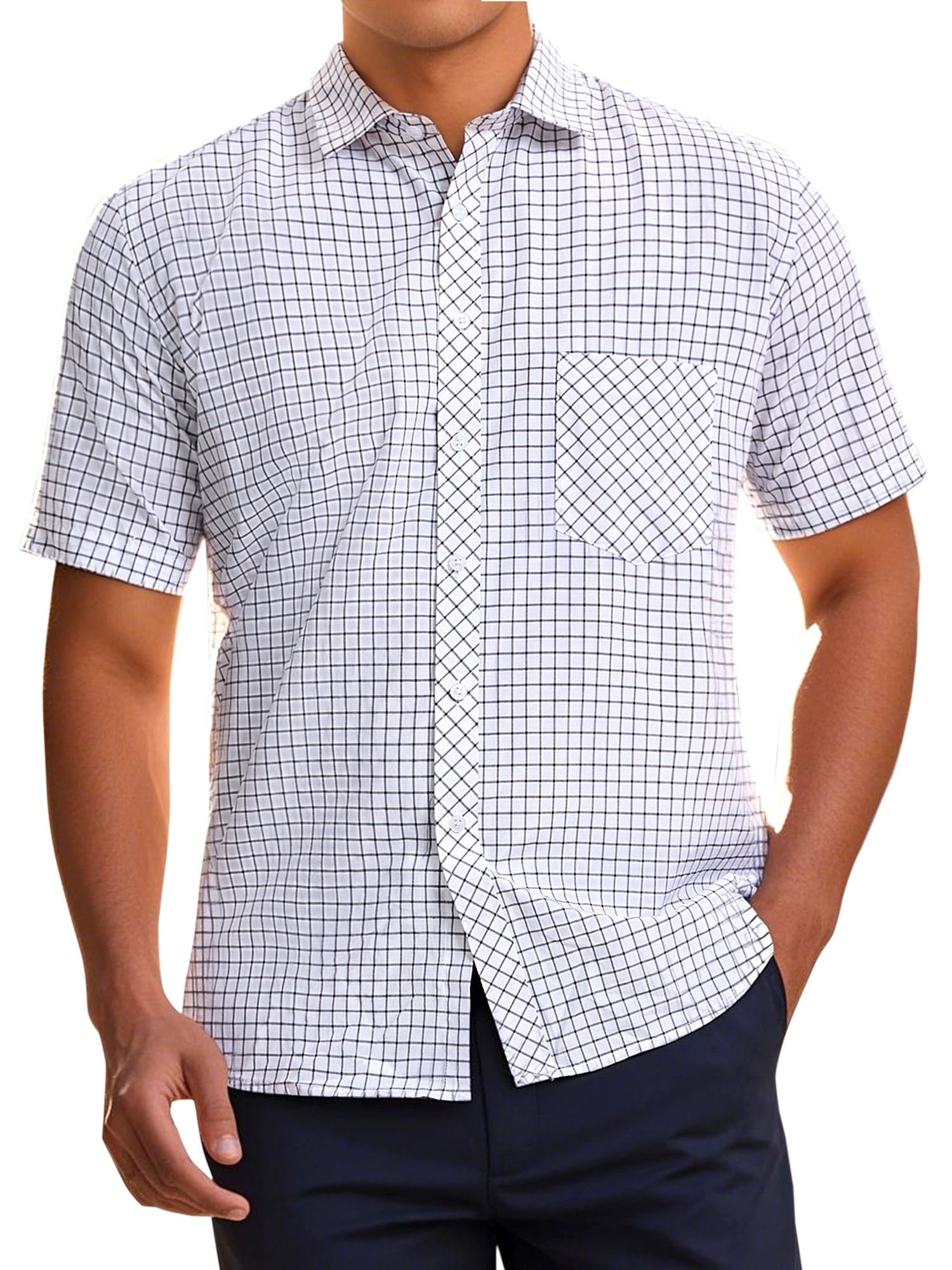DARING DIVA Men's Plaid Short Sleeved Button Down Business Checked Dress Shirt M Gray